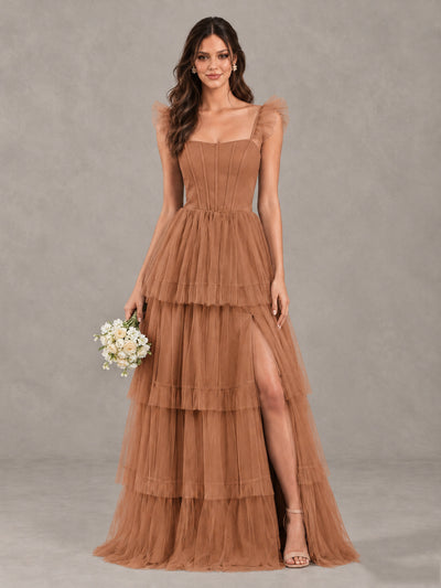 BOLODOO Terracotta Tiered Tulle Bridesmaid Dress with Slit - Terracotta - Terracotta (1)