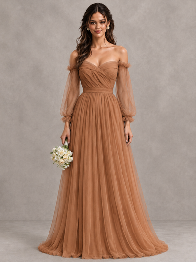 BOLODOO Terracotta Off-the-Shoulder Long Sleeve A-Line Bridesmaid Dress - Terracotta - Terracotta (1)