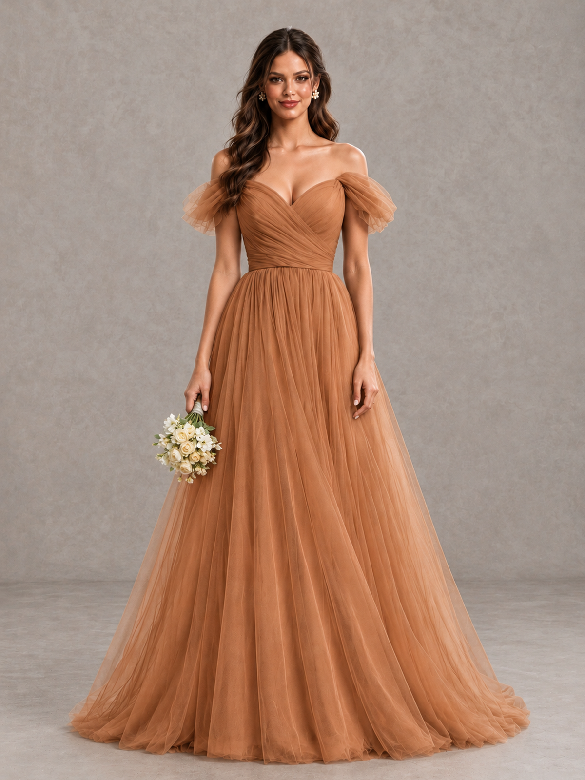 BOLODOO Terracotta Off-the-Shoulder Ruffle Sleeve A-Line Bridesmaid Dress - Terracotta - Terracotta (1)