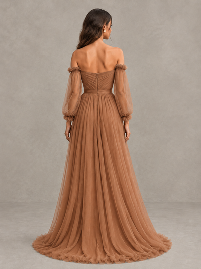 BOLODOO Terracotta Off-the-Shoulder Long Sleeve A-Line Bridesmaid Dress - Terracotta - Terracotta (2)