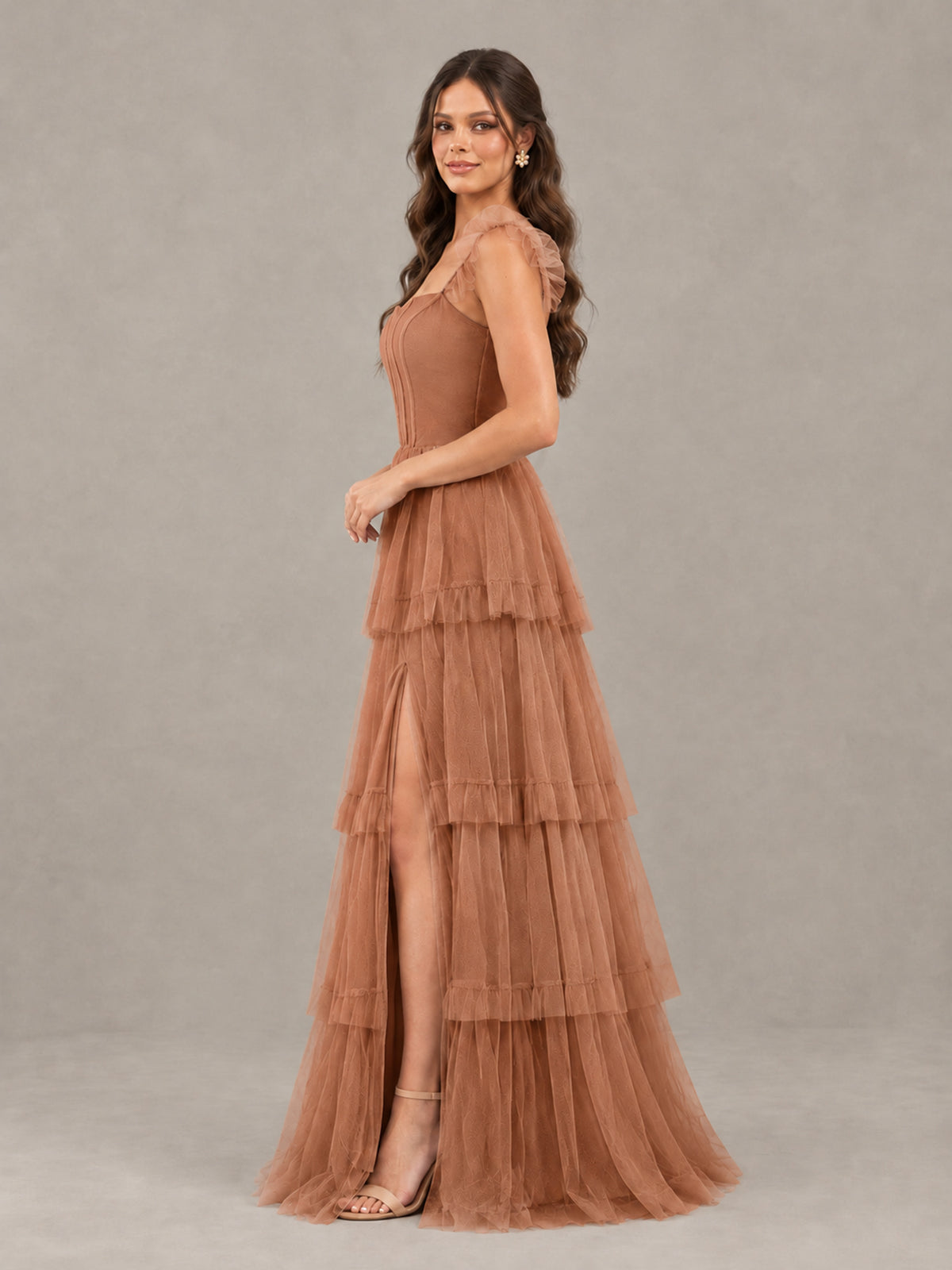 BOLODOO Terracotta Tiered Tulle Bridesmaid Dress with Slit - Terracotta - Terracotta (3)