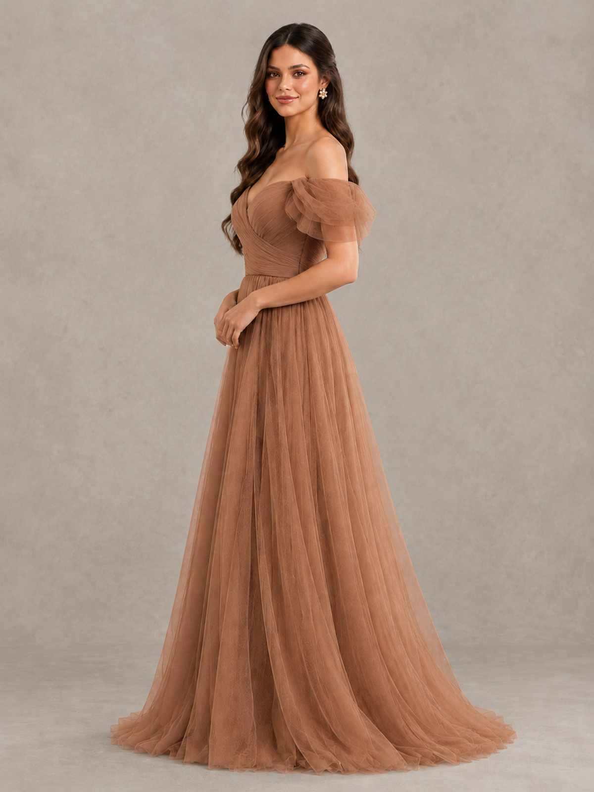 BOLODOO Terracotta Off-the-Shoulder Ruffle Sleeve A-Line Bridesmaid Dress - Terracotta - Terracotta (3)