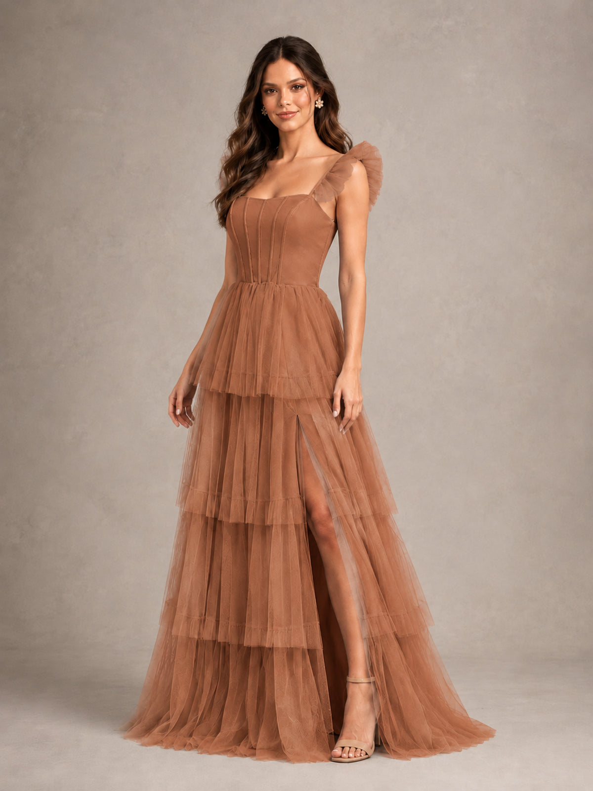 BOLODOO Terracotta Tiered Tulle Bridesmaid Dress with Slit - Terracotta - Terracotta (4)