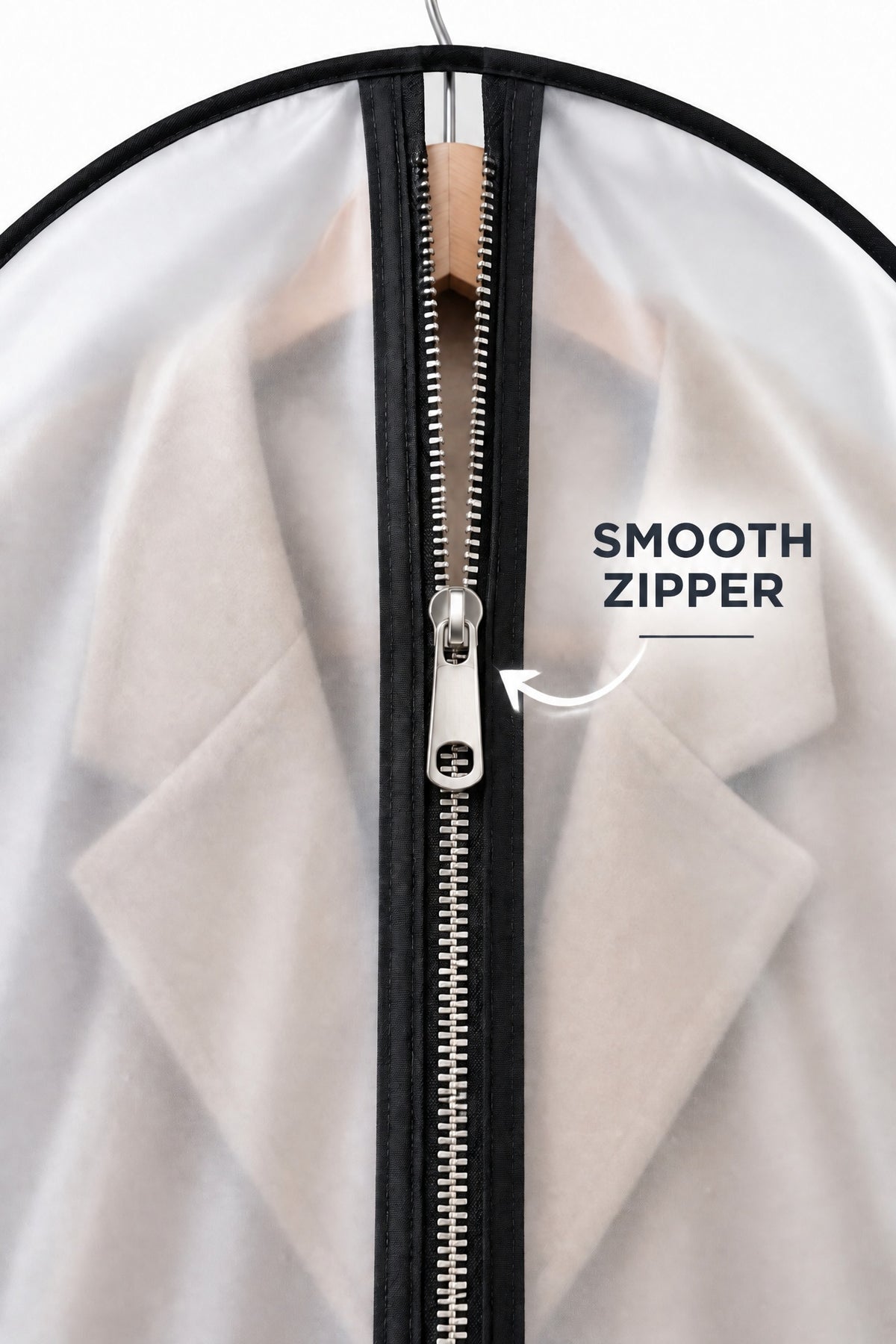 BOLODOO transparent PEVA hanging garment bag with black trim protecting a formal dress