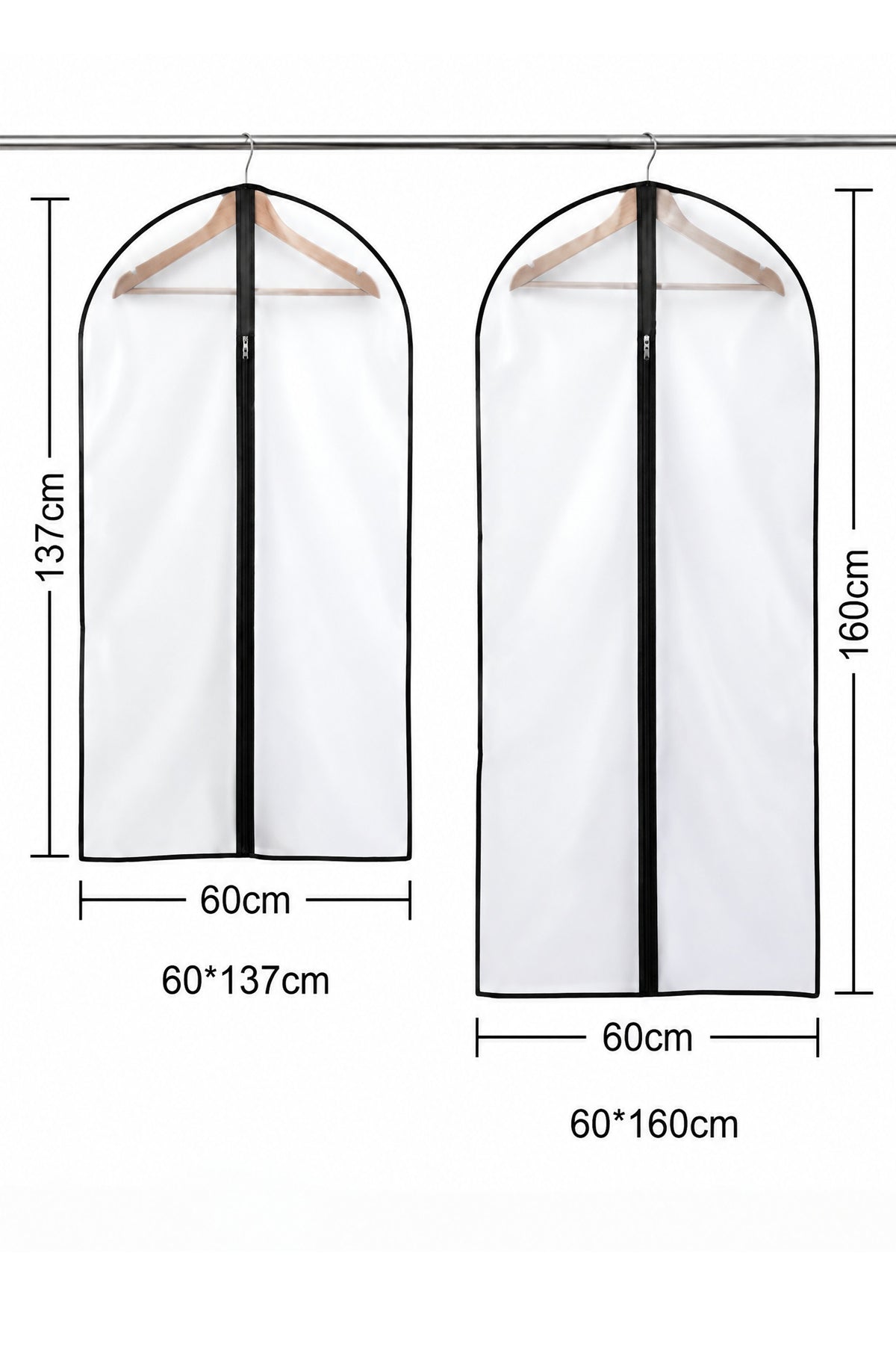 Close-up of BOLODOO clear PEVA garment bag full-length smooth zipper and reinforced black edging