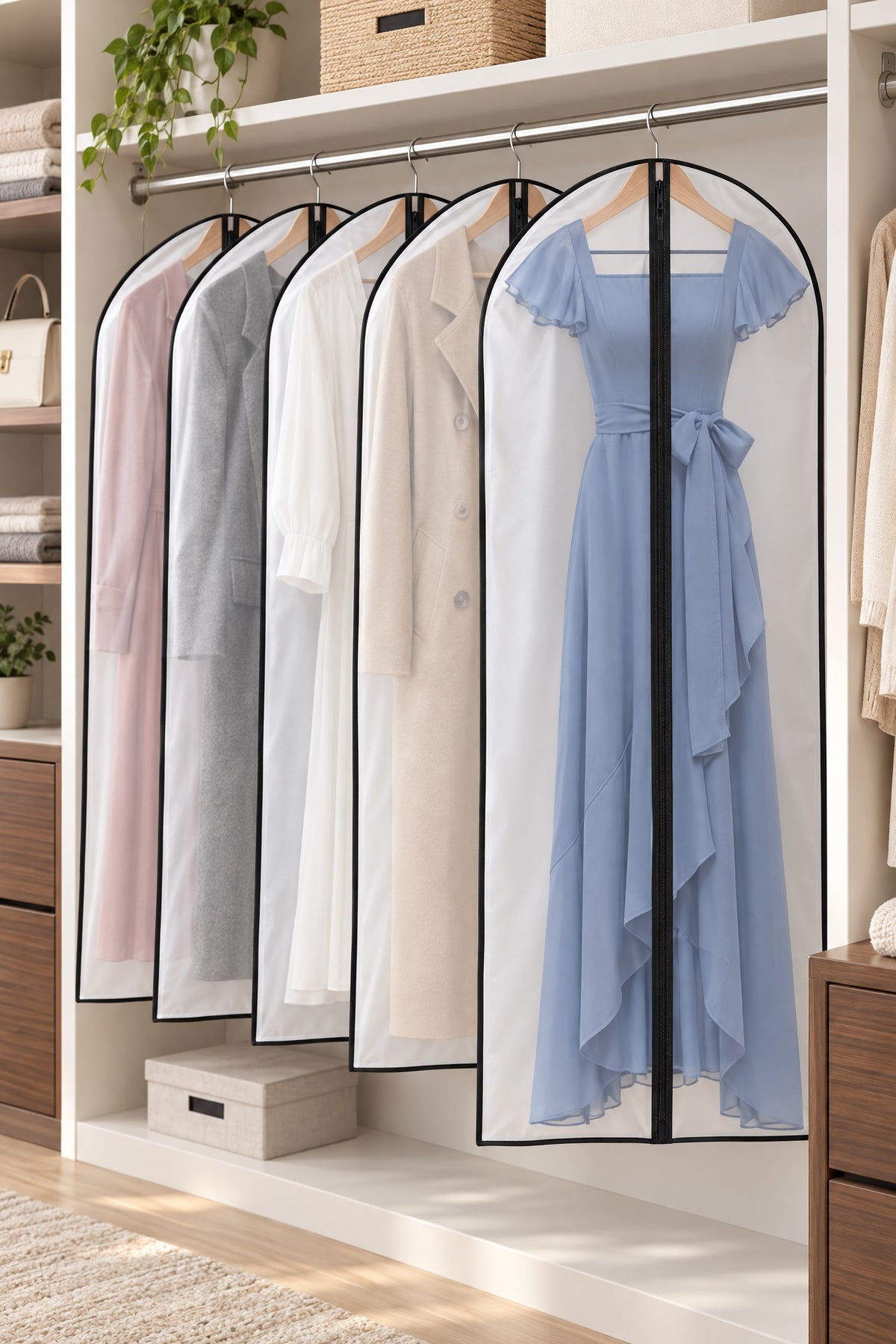 BOLODOO clear PEVA garment bag size guide showing 60 by 137 cm and 60 by 160 cm covers