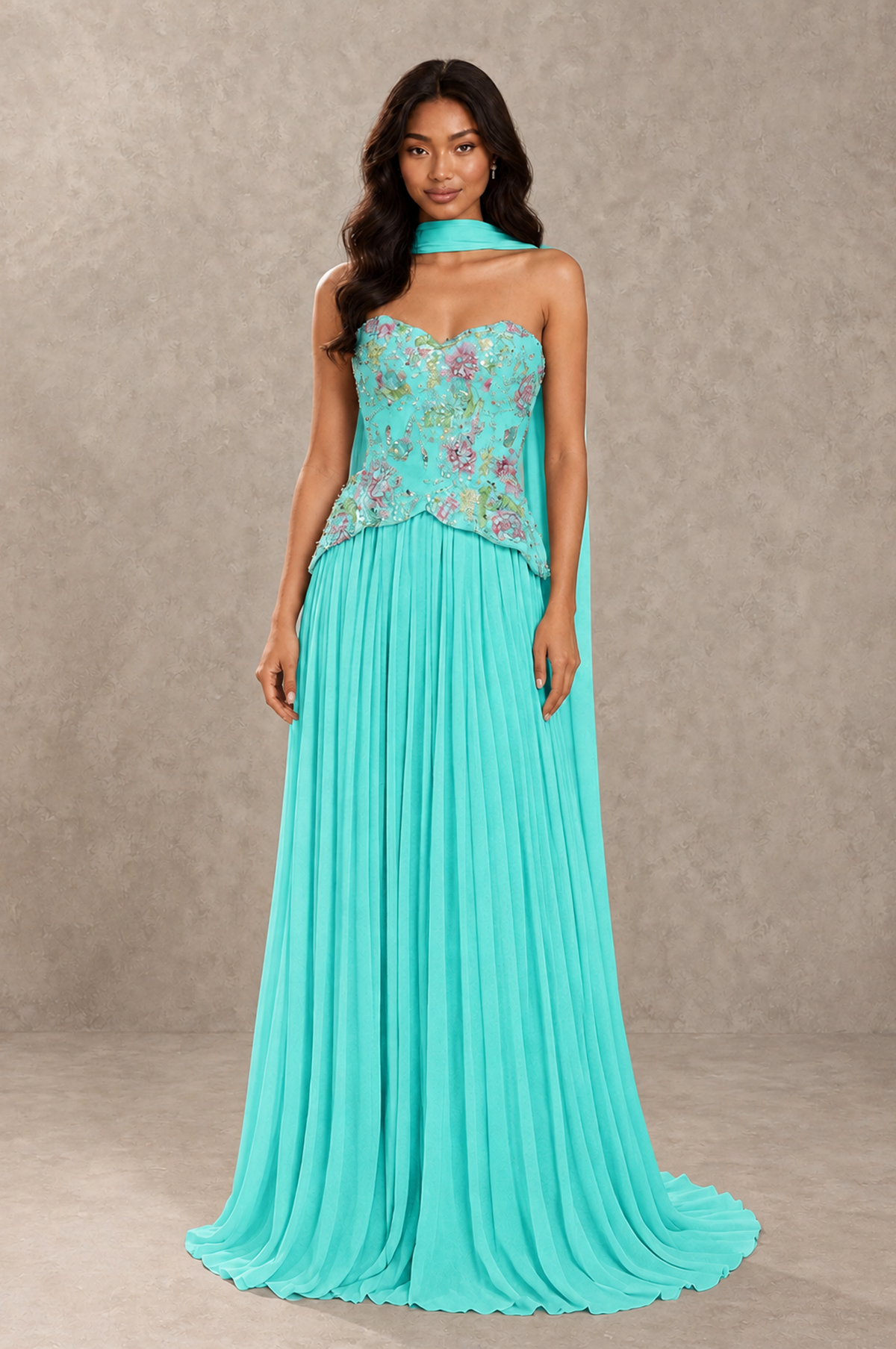 BOLODOO Turquoise Strapless Beaded Floral Corset Chiffon Maxi Gown – Open Back Prom & Formal Evening Dress - Turquoise - Turquoise_01