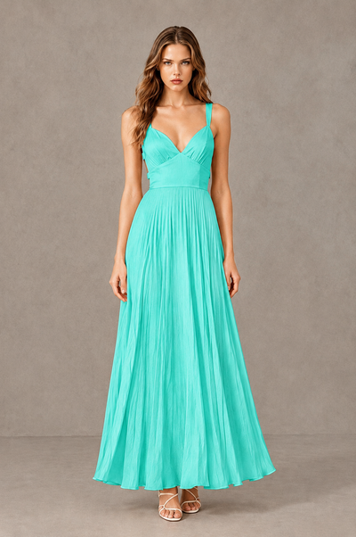 BOLODOO Turquoise V-Neck Pleated Open-Back Maxi Dress - Turquoise - Turquoise_01