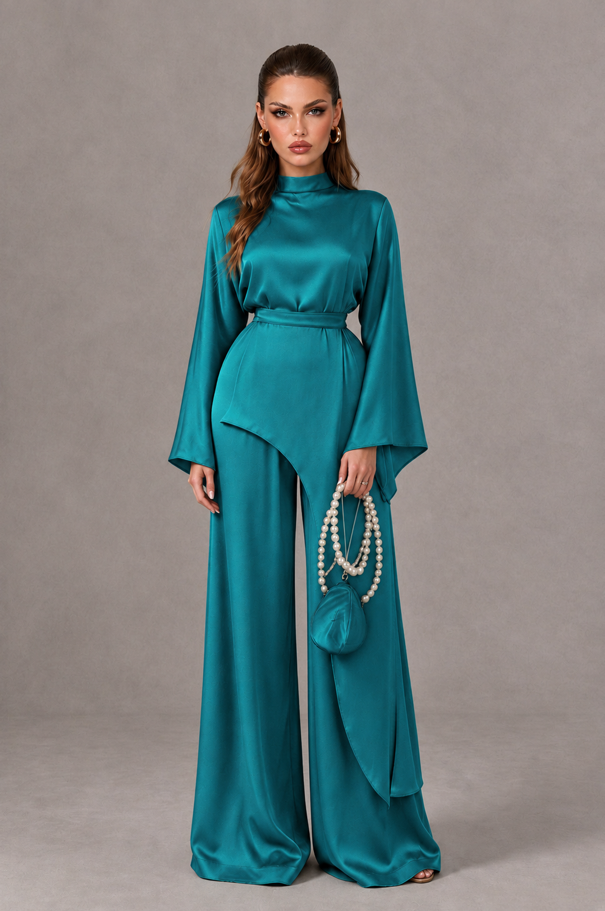 BOLODOO Turquoise Satin-Look Long Sleeve Wide-Leg Jumpsuit - Turquoise - Turquoise_01