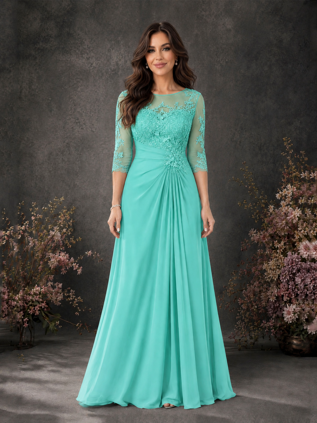 BOLODOO Turquoise Chiffon Lace Illusion Neckline 3/4 Sleeve Floor Length Formal Gown - Turquoise - Turquoise_01
