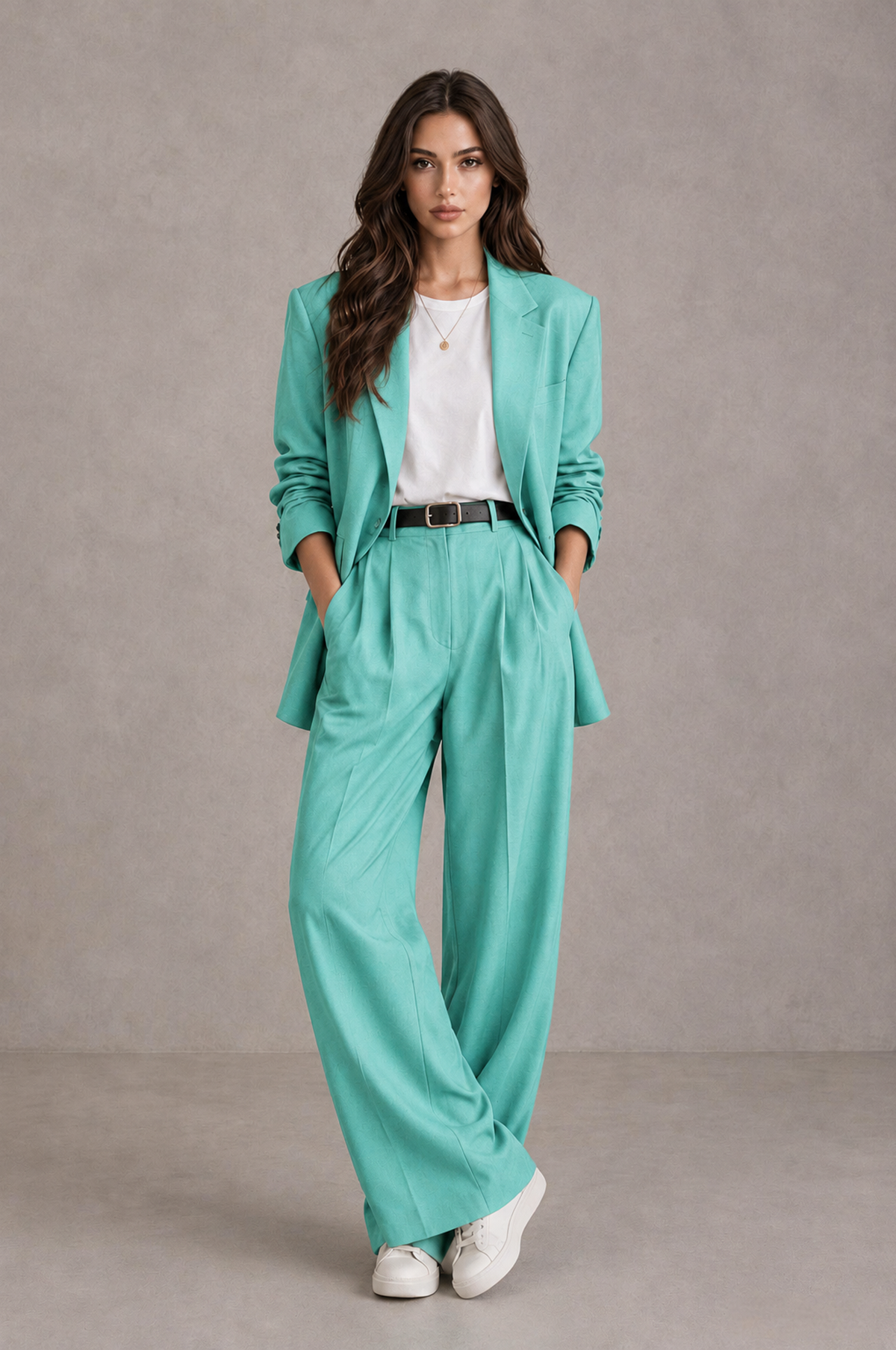 BOLODOO Turquoise Brown Blazer & Wide-Leg Pants Suit for Women - Turquoise - Turquoise_01