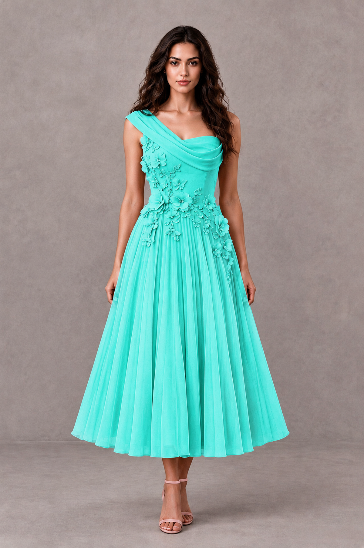 BOLODOO Turquoise One-Shoulder Floral Tulle Tea-Length Dress - Turquoise - Turquoise_01
