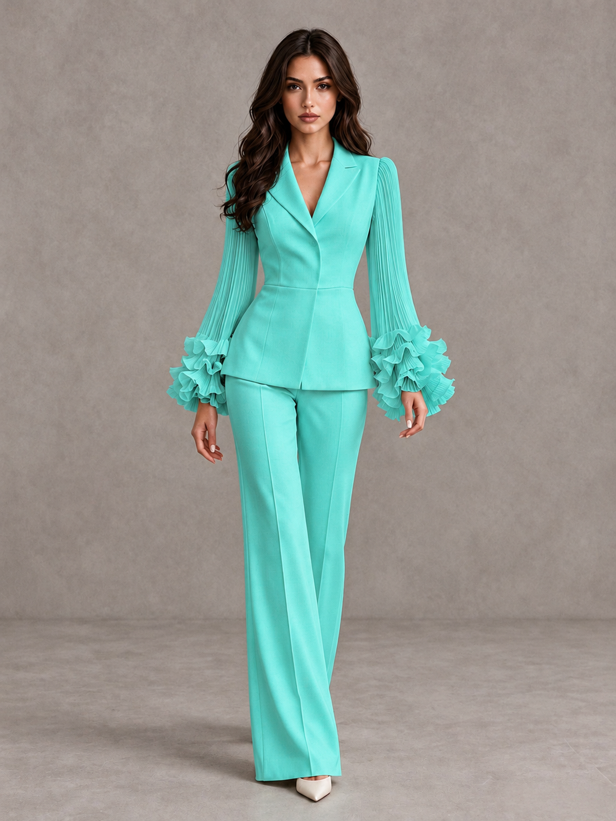 BOLODOO Turquoise Mother of the Bride Pant Suit – Pleated Long Sleeve Ruffle Cuff Wide Leg Trouser Suit - Turquoise - Turquoise_01