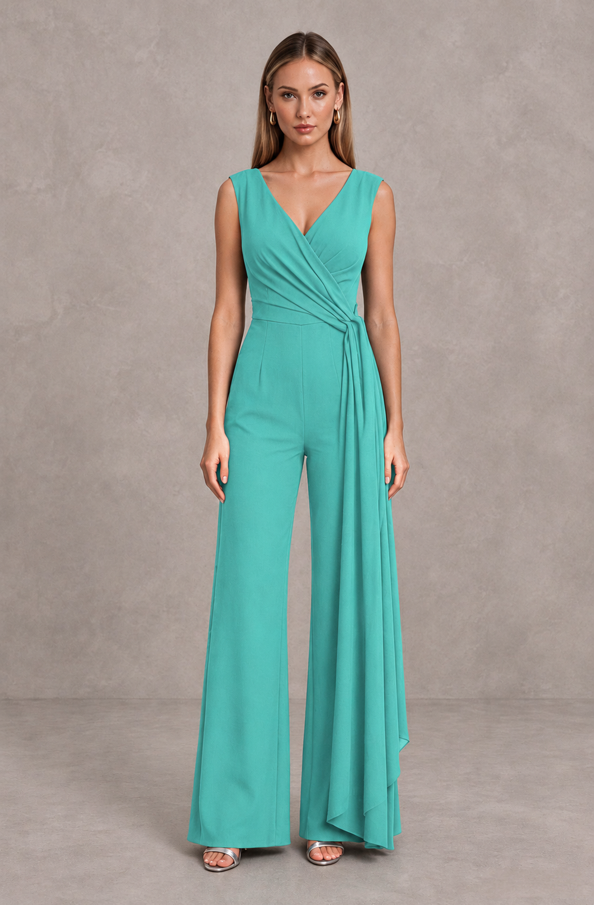 BOLODOO Turquoise Sleeveless V-Neck Wide-Leg Jumpsuit with Side Drape - Turquoise - Turquoise_01