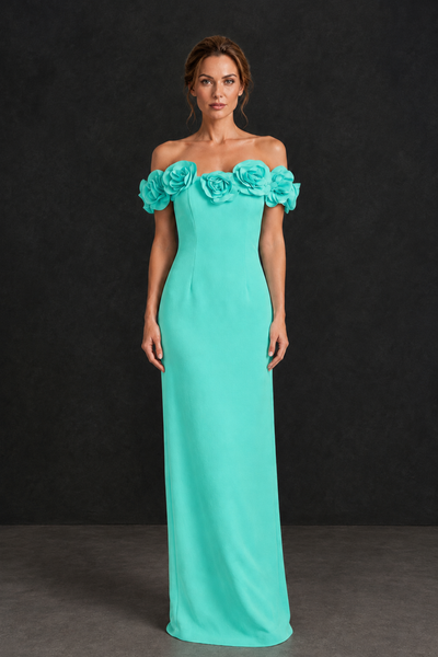 BOLODOO Turquoise Off-the-Shoulder Floral Mother of the Bride Gown - Turquoise - Turquoise_01