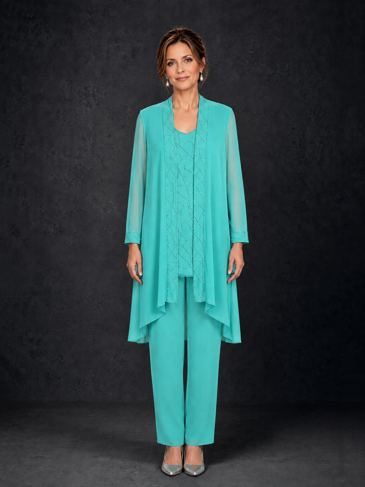 BOLODOO Turquoise 3-Piece Beaded Chiffon Duster Jacket Pant Suit - Turquoise - Turquoise_01