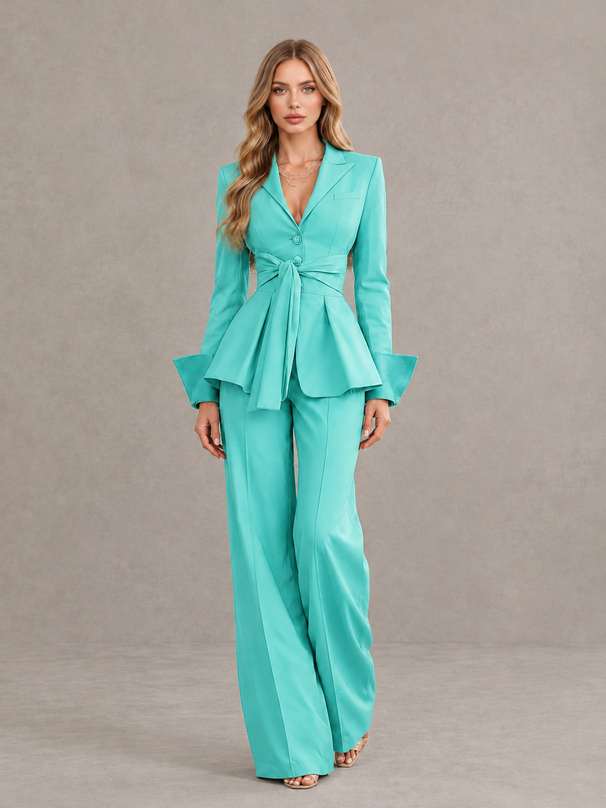 BOLODOO Turquoise Belted Peplum Pantsuit with Long Sleeves & Wide-Leg Trousers - Turquoise - Turquoise_01