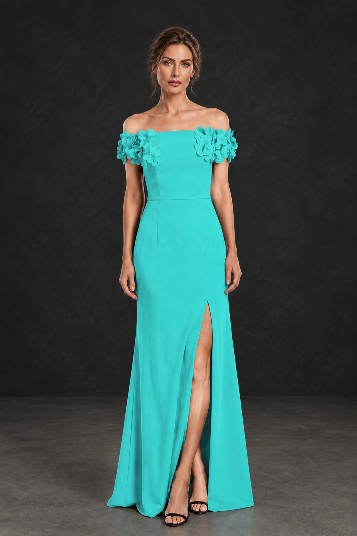 BOLODOO Turquoise Off-the-Shoulder Mother of the Bride Dress with Floral Appliques - Turquoise - Turquoise_01