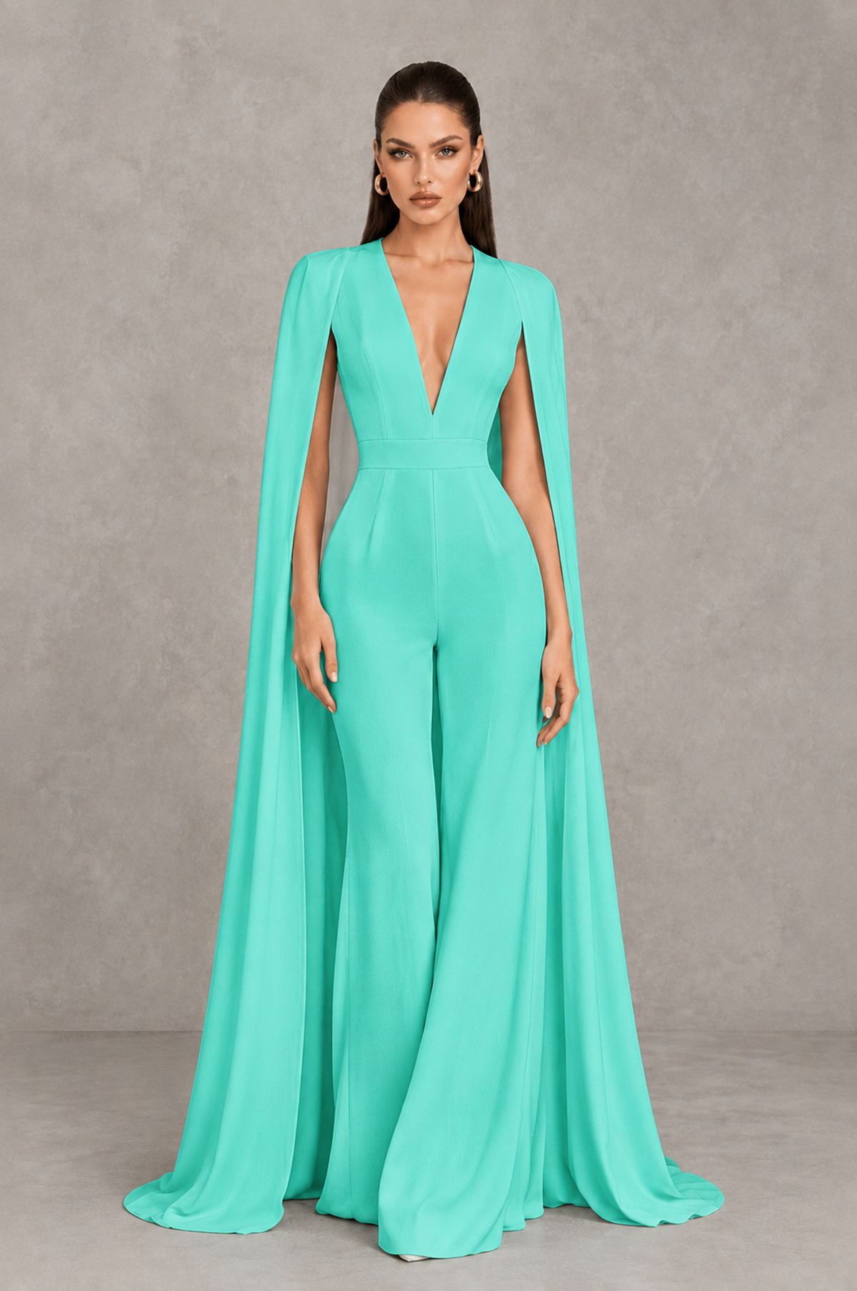 BOLODOO Turquoise Deep V-Neck Cape Sleeve Bridal Jumpsuit - Turquoise - Turquoise_01