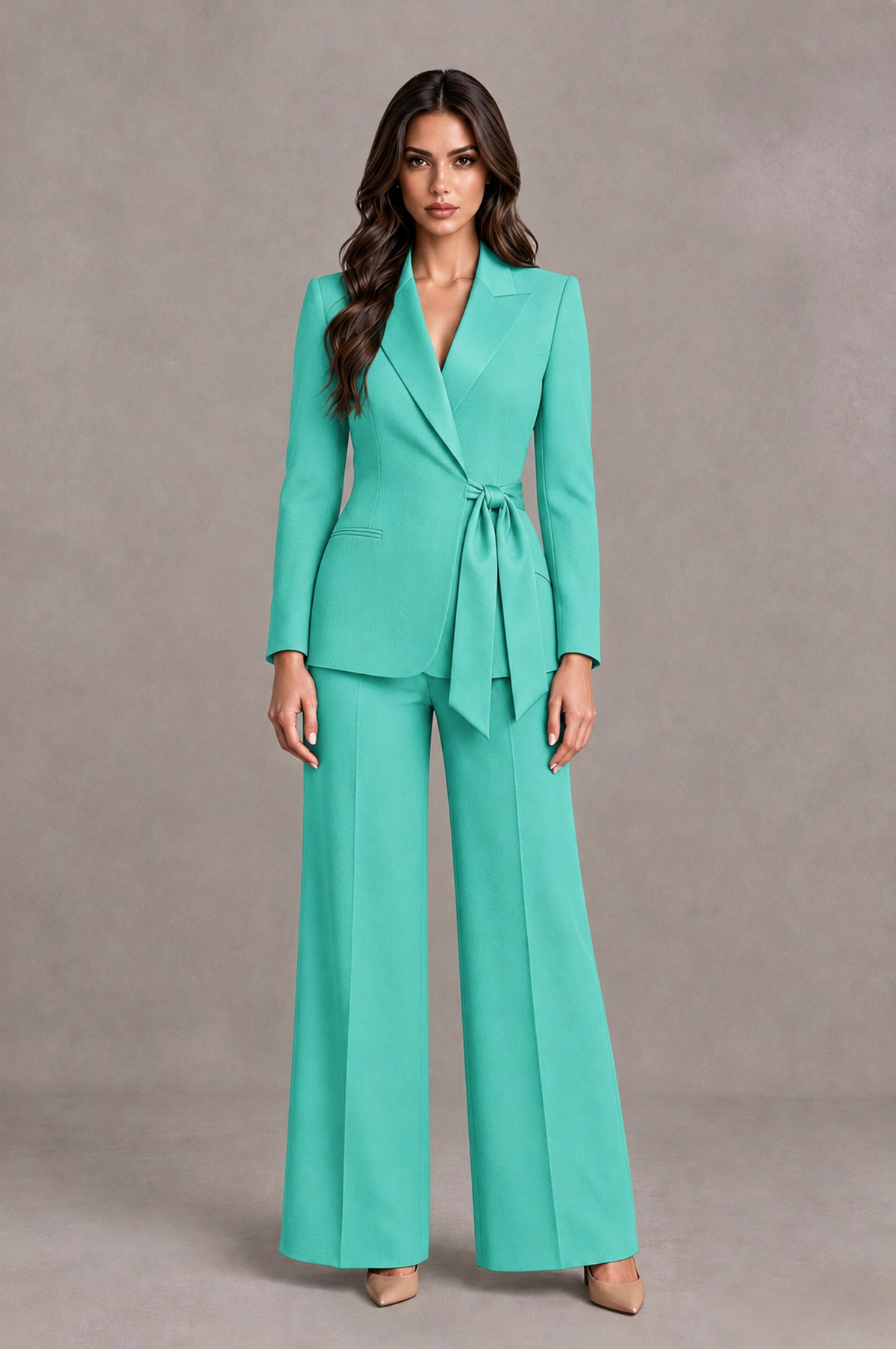 BOLODOO Turquoise Tie-Waist Blazer & Wide-Leg Pantsuit - Turquoise - Turquoise_01