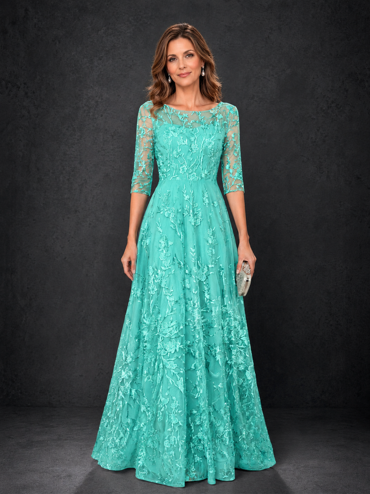 BOLODOO Turquoise Illusion Bateau Neck 3/4 Sleeve Floral Lace A-Line Mother of the Bride Dress MX007 - Turquoise - Turquoise_01