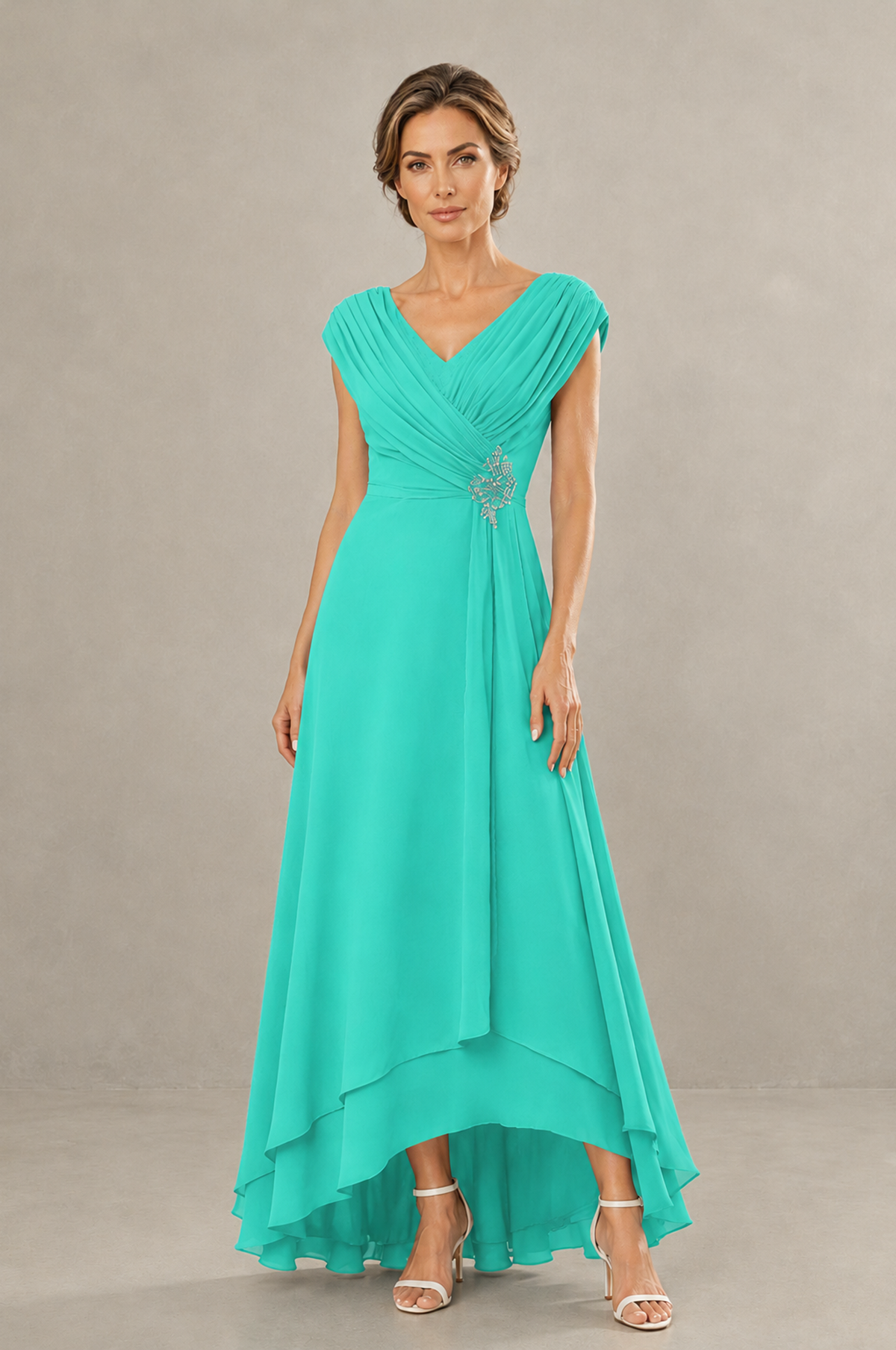BOLODOO Turquoise V-Neck High-Low Mother of the Bride Dress - Turquoise - Turquoise_01