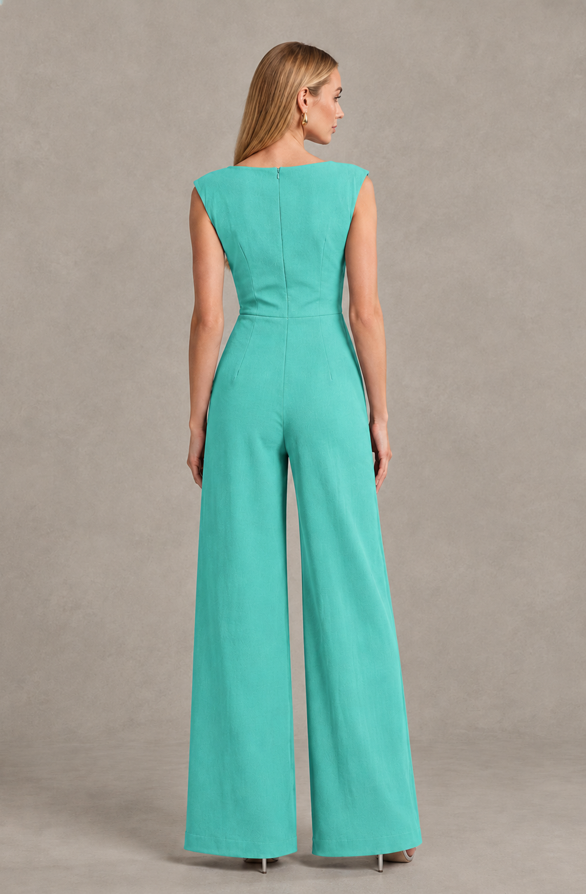 BOLODOO Turquoise Sleeveless V-Neck Wide-Leg Jumpsuit with Side Drape - Turquoise - Turquoise_02