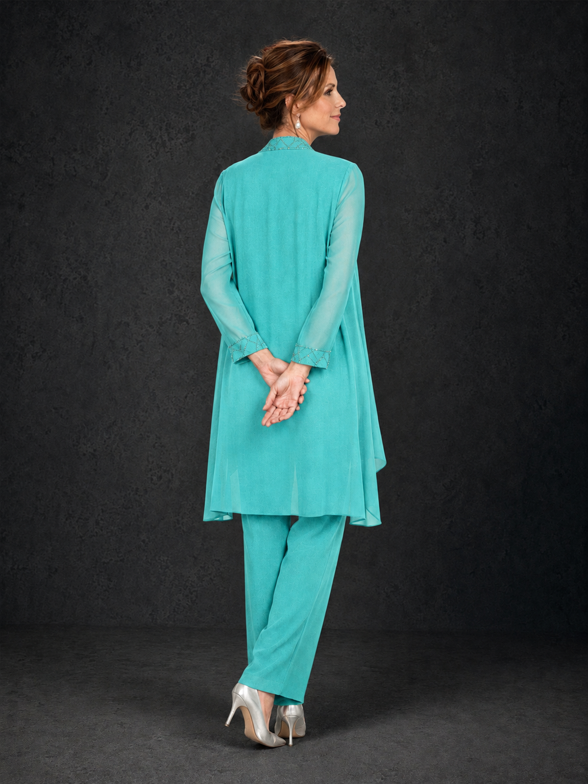 BOLODOO Turquoise 3-Piece Beaded Chiffon Duster Jacket Pant Suit - Turquoise - Turquoise_02