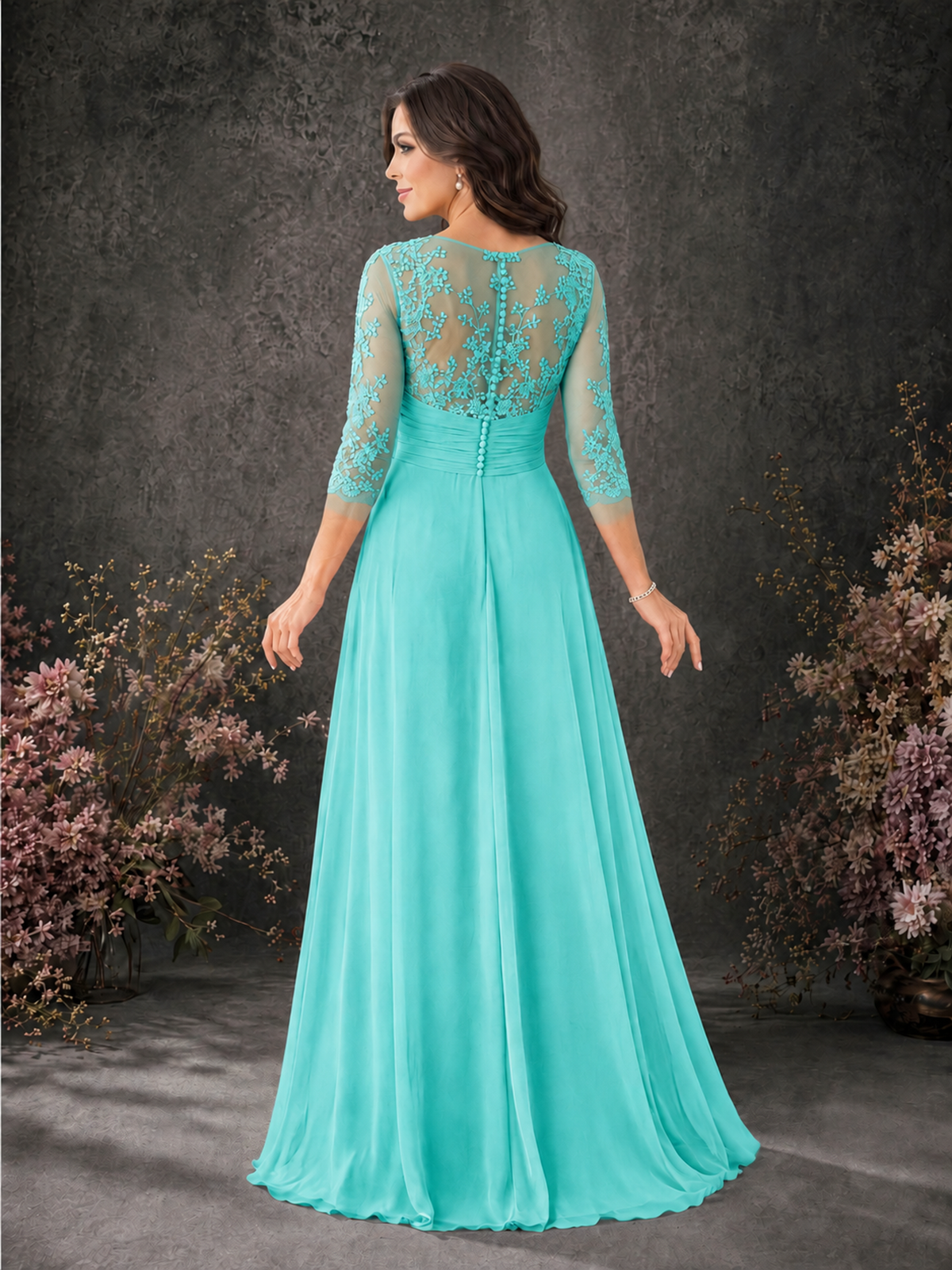 BOLODOO Turquoise Chiffon Lace Illusion Neckline 3/4 Sleeve Floor Length Formal Gown - Turquoise - Turquoise_02
