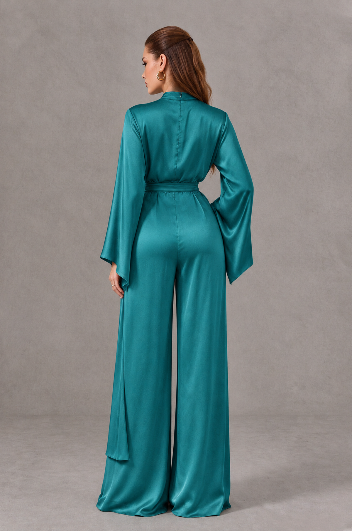 BOLODOO Turquoise Satin-Look Long Sleeve Wide-Leg Jumpsuit - Turquoise - Turquoise_02