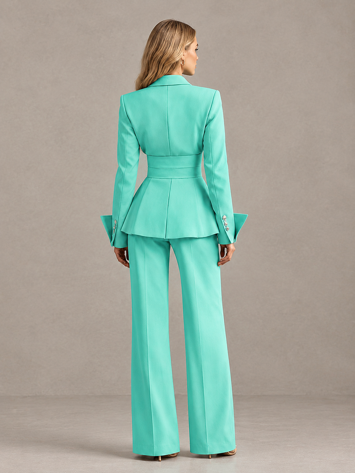 BOLODOO Turquoise Belted Peplum Pantsuit with Long Sleeves & Wide-Leg Trousers - Turquoise - Turquoise_02