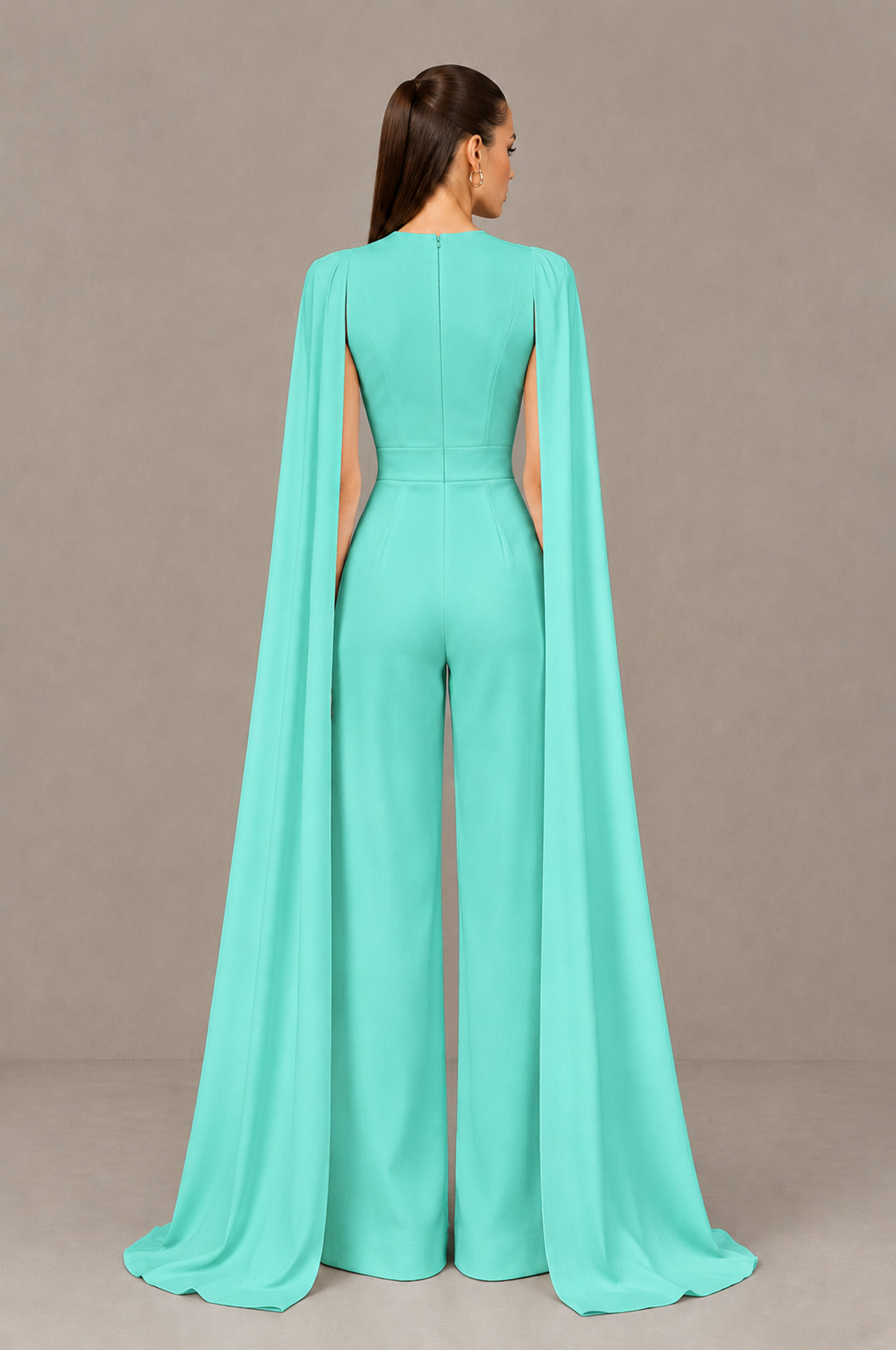 BOLODOO Turquoise Deep V-Neck Cape Sleeve Bridal Jumpsuit - Turquoise - Turquoise_02