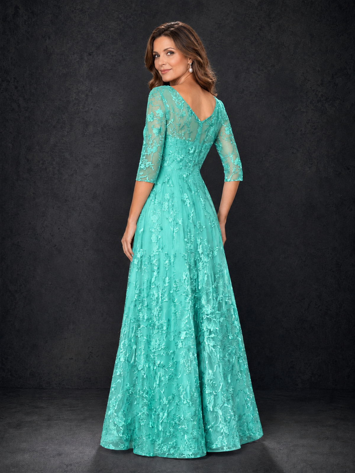 BOLODOO Turquoise Illusion Bateau Neck 3/4 Sleeve Floral Lace A-Line Mother of the Bride Dress MX007 - Turquoise - Turquoise_02