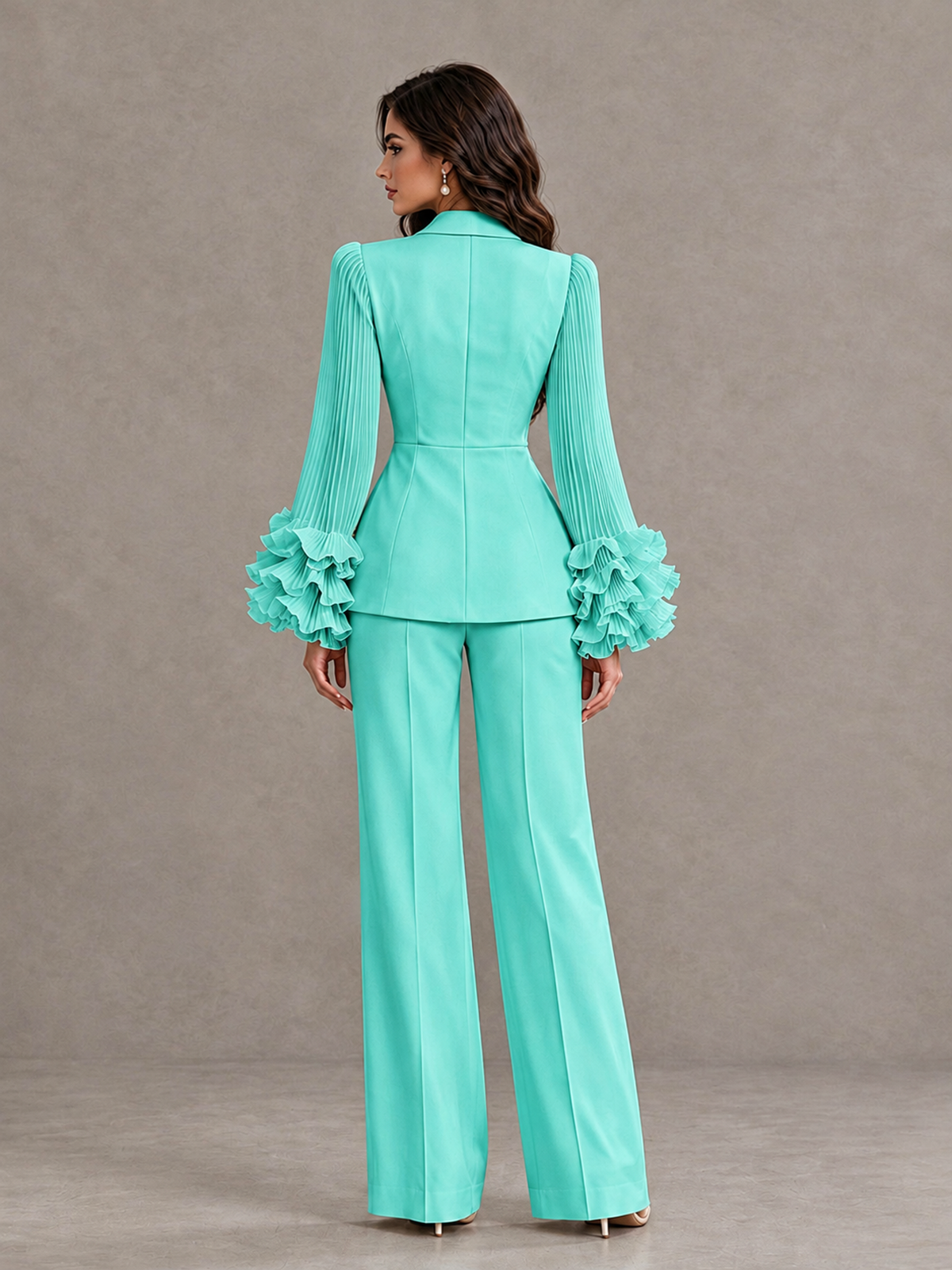 BOLODOO Turquoise Mother of the Bride Pant Suit – Pleated Long Sleeve Ruffle Cuff Wide Leg Trouser Suit - Turquoise - Turquoise_02