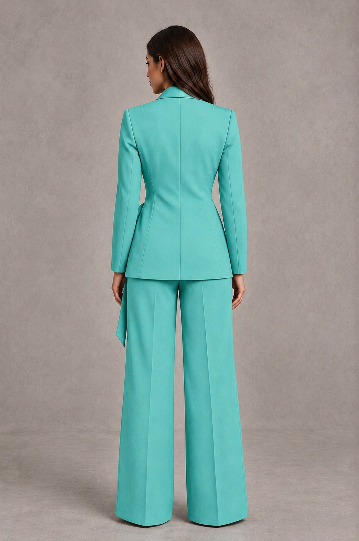 BOLODOO Turquoise Tie-Waist Blazer & Wide-Leg Pantsuit - Turquoise - Turquoise_02