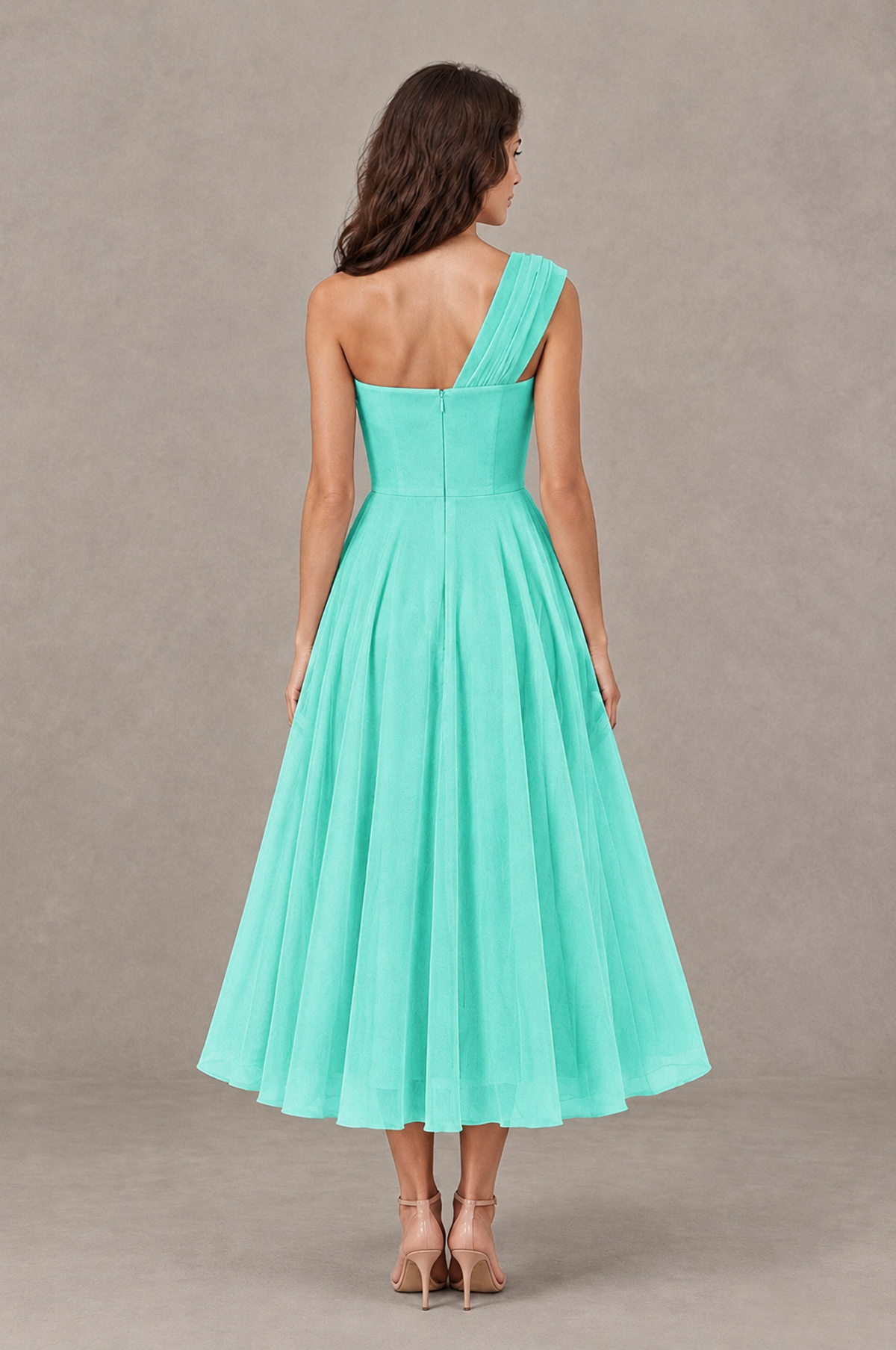 BOLODOO Turquoise One-Shoulder Floral Tulle Tea-Length Dress - Turquoise - Turquoise_02