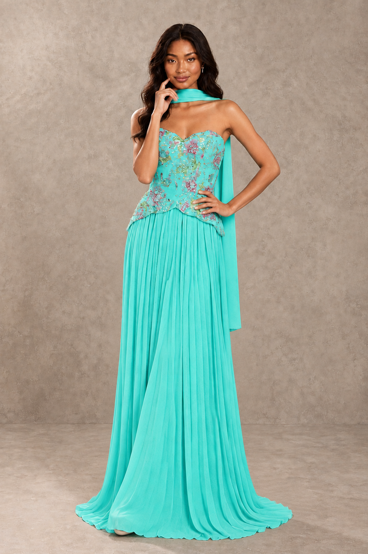 BOLODOO Turquoise Strapless Beaded Floral Corset Chiffon Maxi Gown – Open Back Prom & Formal Evening Dress - Turquoise - Turquoise_03