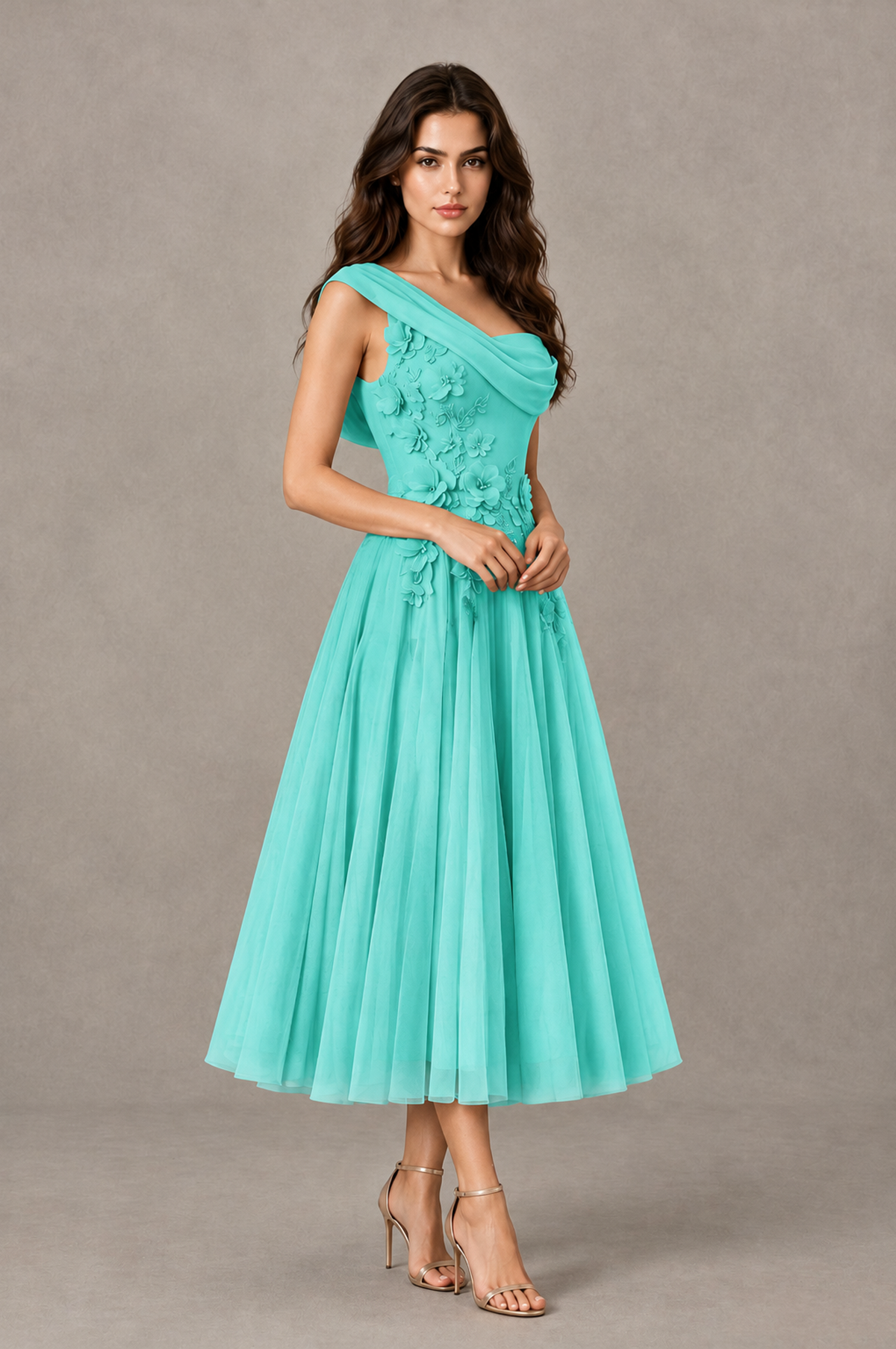 BOLODOO Turquoise One-Shoulder Floral Tulle Tea-Length Dress - Turquoise - Turquoise_03