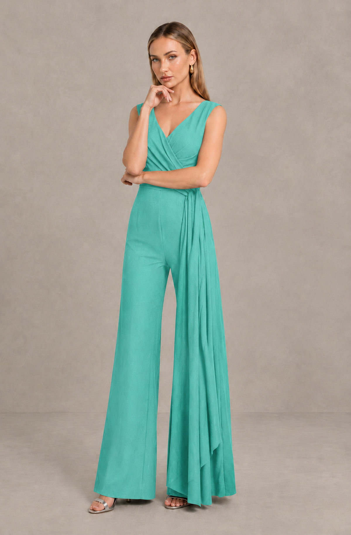 BOLODOO Turquoise Sleeveless V-Neck Wide-Leg Jumpsuit with Side Drape - Turquoise - Turquoise_03