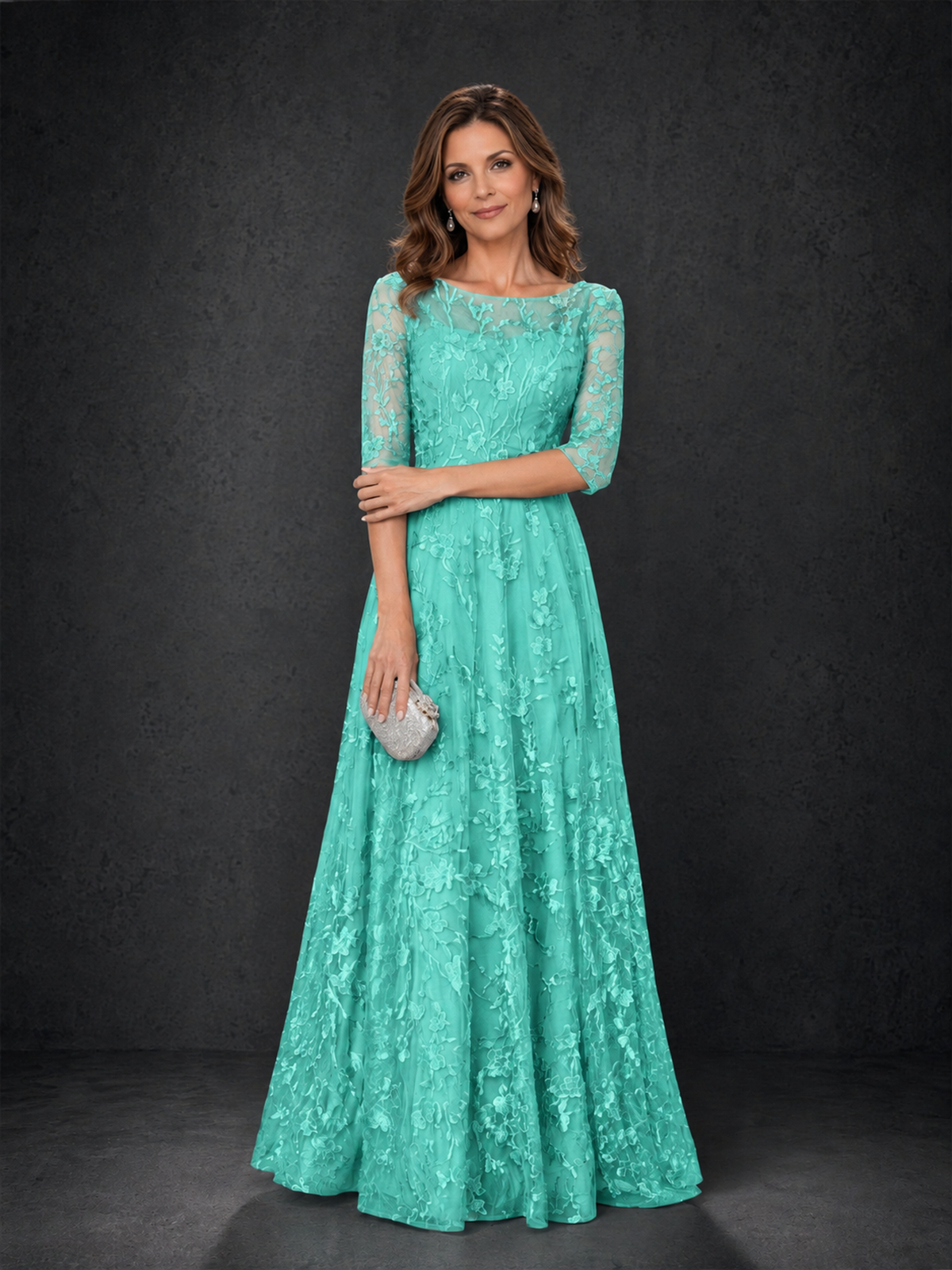 BOLODOO Turquoise Illusion Bateau Neck 3/4 Sleeve Floral Lace A-Line Mother of the Bride Dress MX007 - Turquoise - Turquoise_03