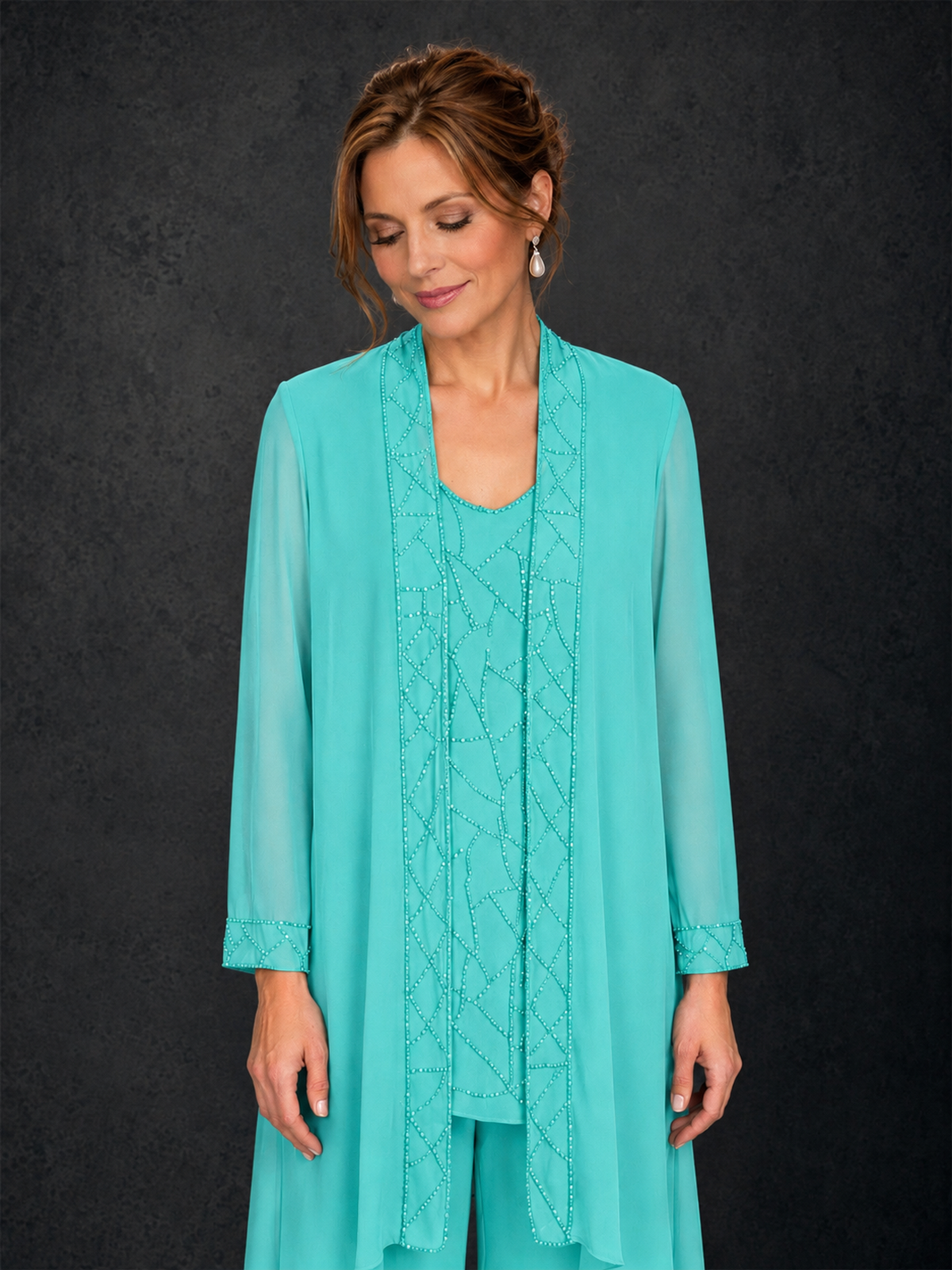 BOLODOO Turquoise 3-Piece Beaded Chiffon Duster Jacket Pant Suit - Turquoise - Turquoise_03