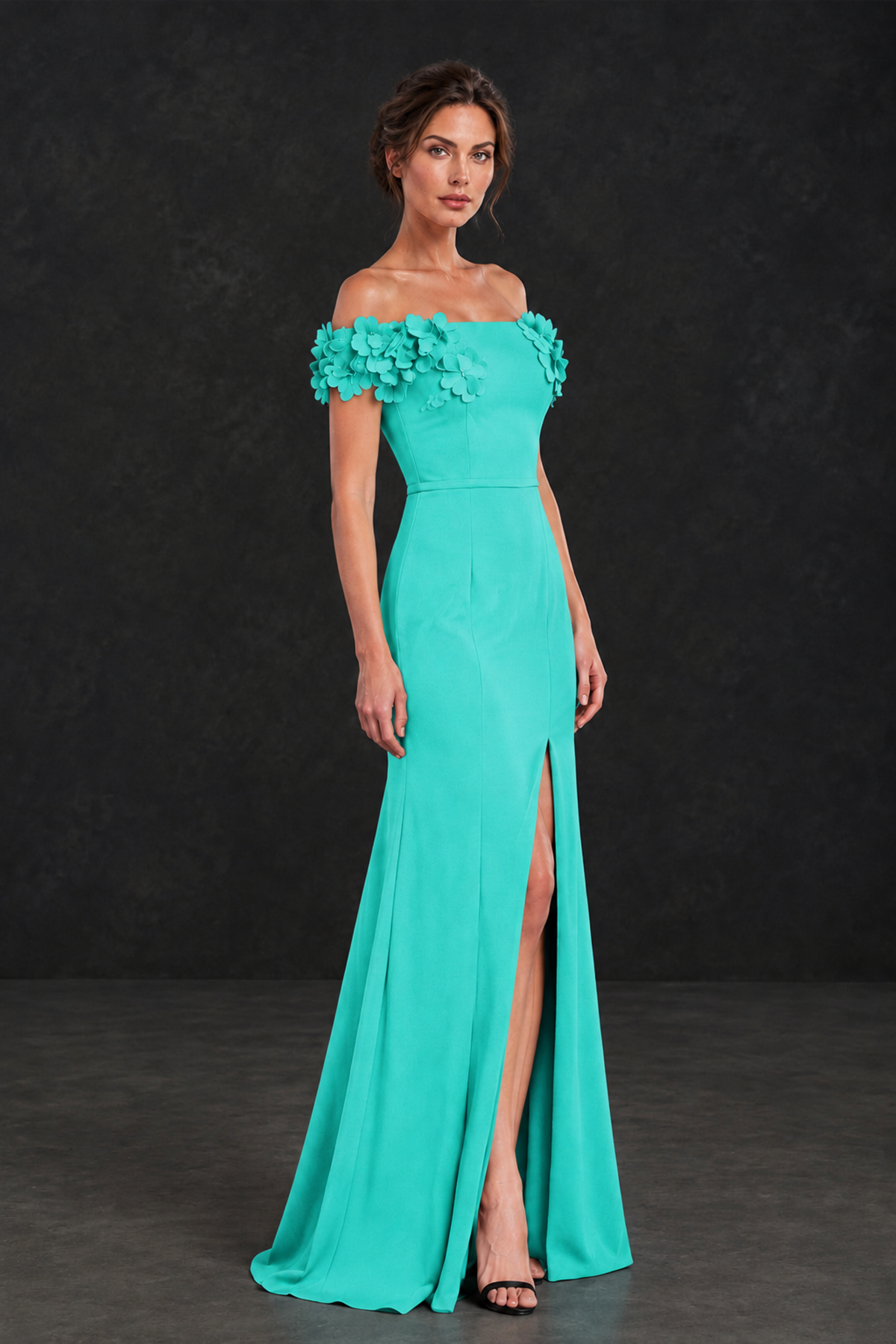 BOLODOO Turquoise Off-the-Shoulder Mother of the Bride Dress with Floral Appliques - Turquoise - Turquoise_03