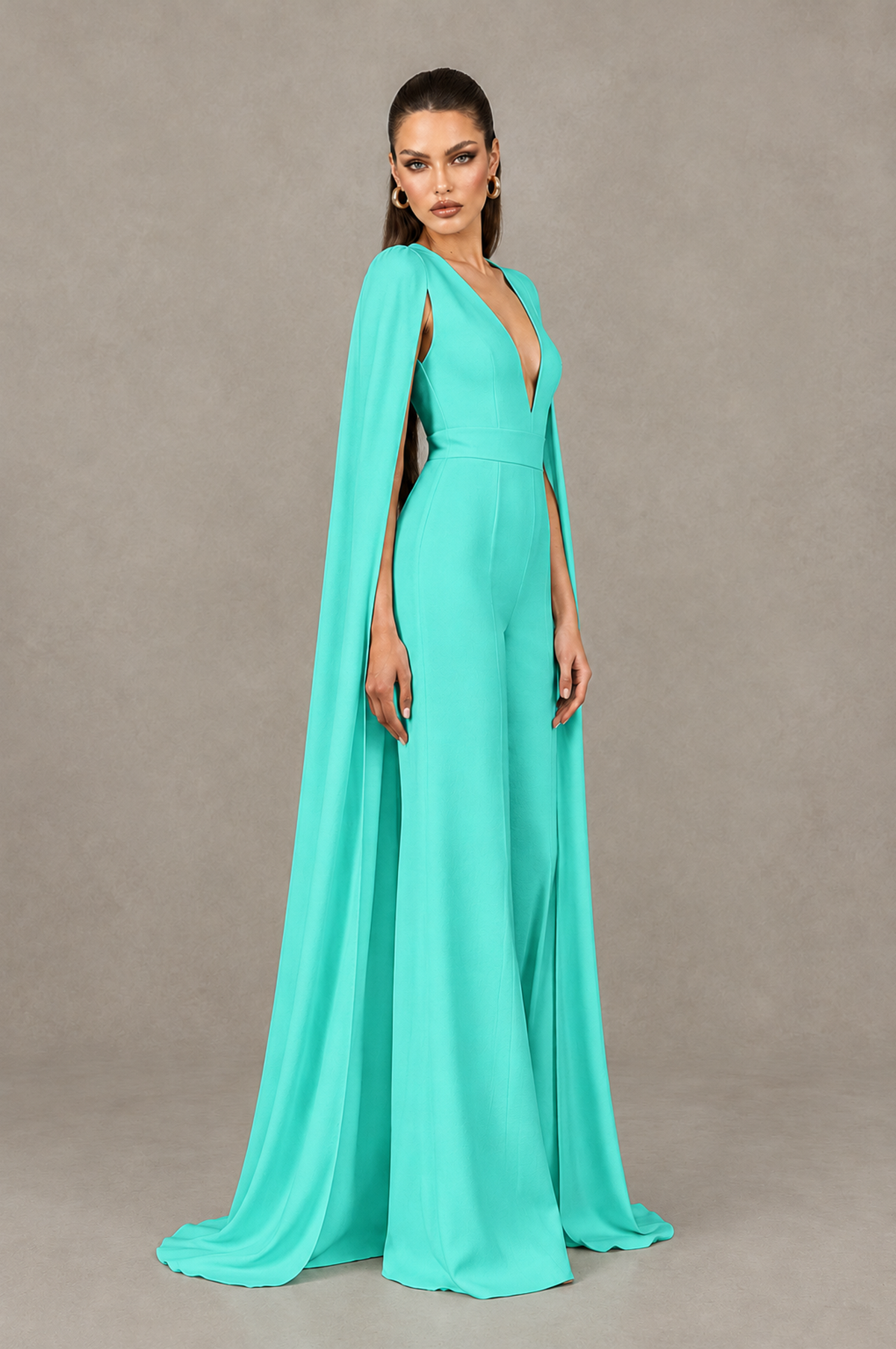 BOLODOO Turquoise Deep V-Neck Cape Sleeve Bridal Jumpsuit - Turquoise - Turquoise_03