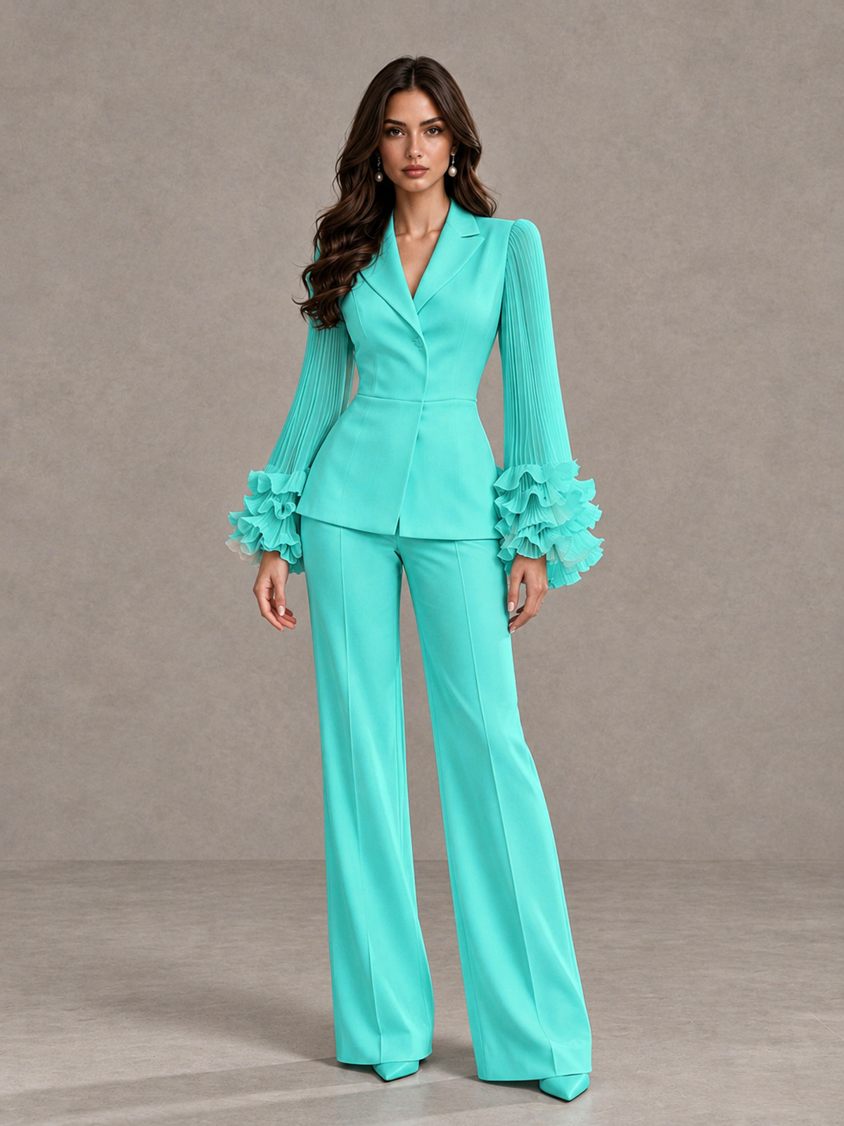 BOLODOO Turquoise Mother of the Bride Pant Suit – Pleated Long Sleeve Ruffle Cuff Wide Leg Trouser Suit - Turquoise - Turquoise_03