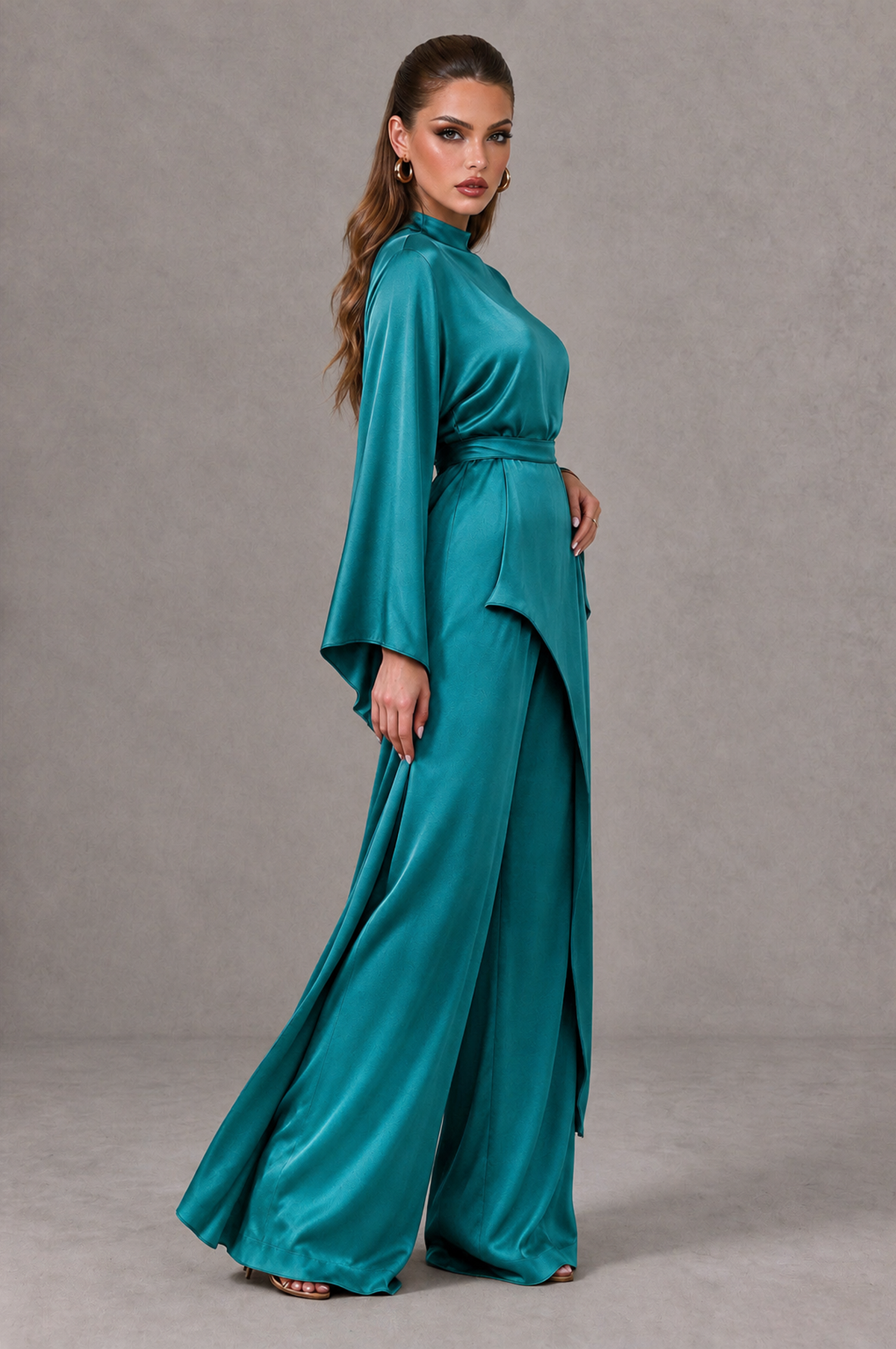 BOLODOO Turquoise Satin-Look Long Sleeve Wide-Leg Jumpsuit - Turquoise - Turquoise_03