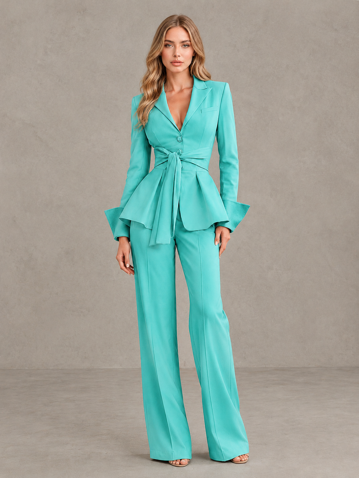 BOLODOO Turquoise Belted Peplum Pantsuit with Long Sleeves & Wide-Leg Trousers - Turquoise - Turquoise_03