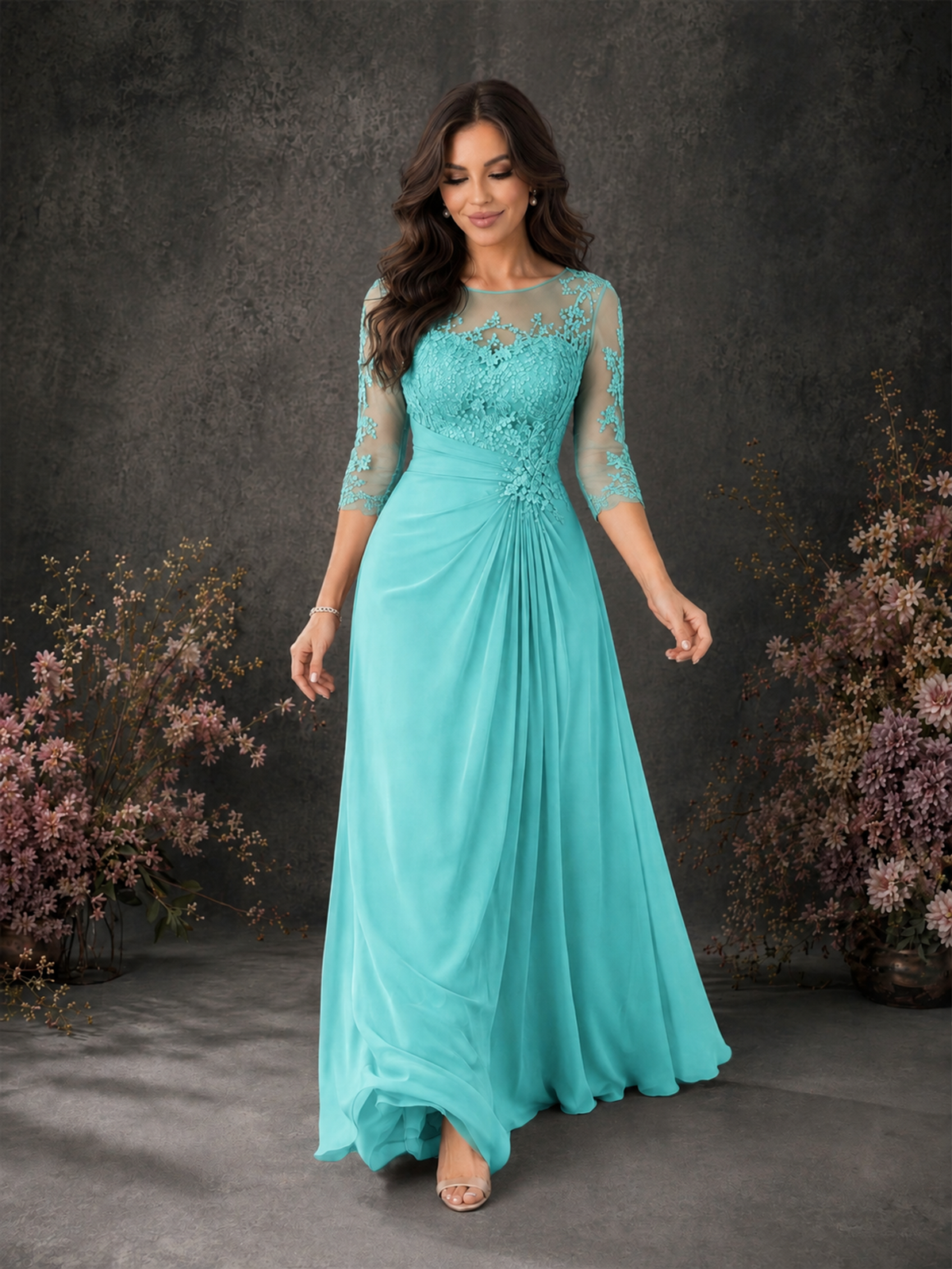 BOLODOO Turquoise Chiffon Lace Illusion Neckline 3/4 Sleeve Floor Length Formal Gown - Turquoise - Turquoise_03