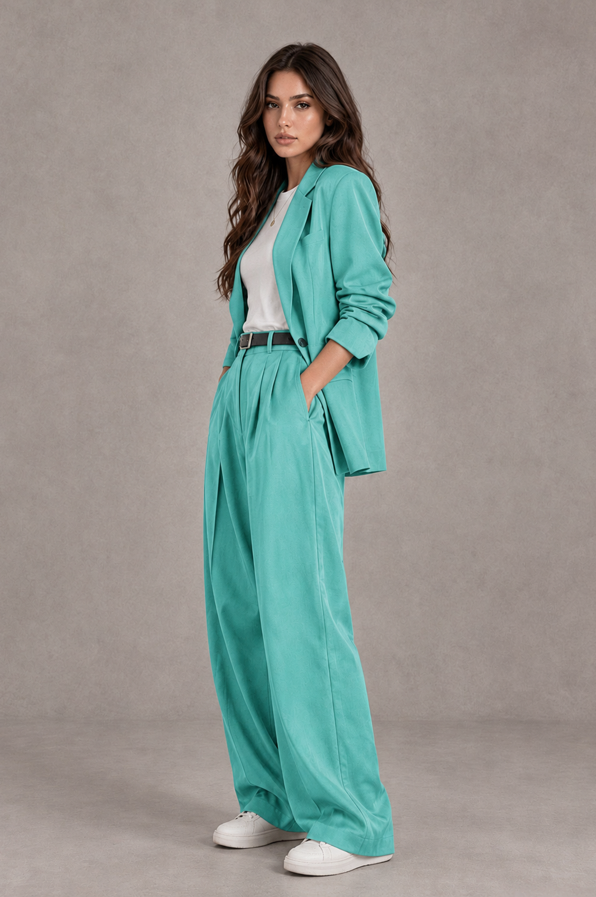 BOLODOO Turquoise Brown Blazer & Wide-Leg Pants Suit for Women - Turquoise - Turquoise_03