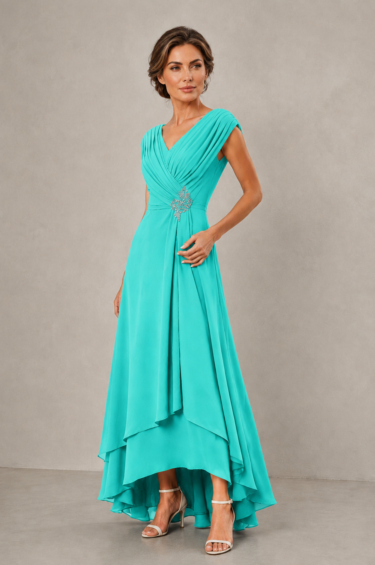 BOLODOO Turquoise V-Neck High-Low Mother of the Bride Dress - Turquoise - Turquoise_03