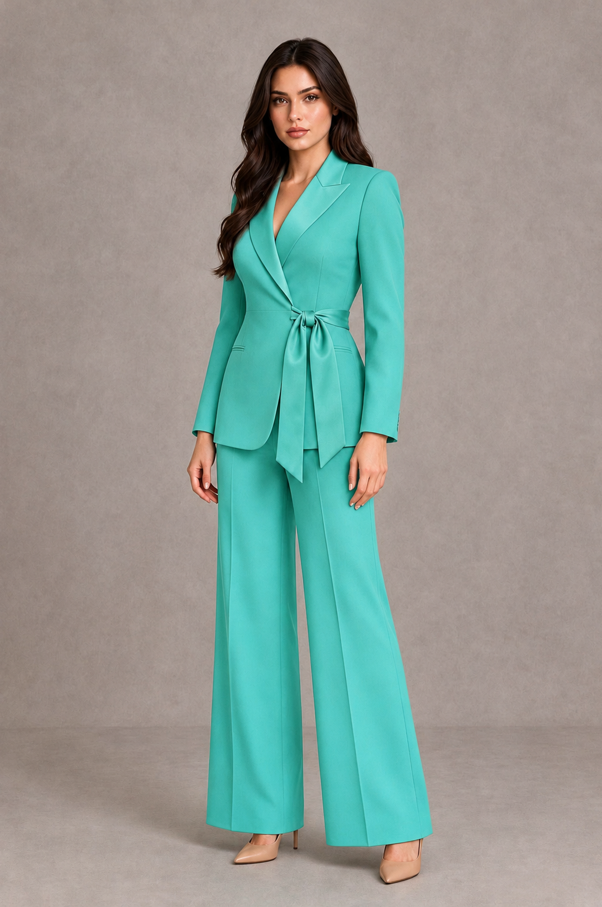 BOLODOO Turquoise Tie-Waist Blazer & Wide-Leg Pantsuit - Turquoise - Turquoise_03